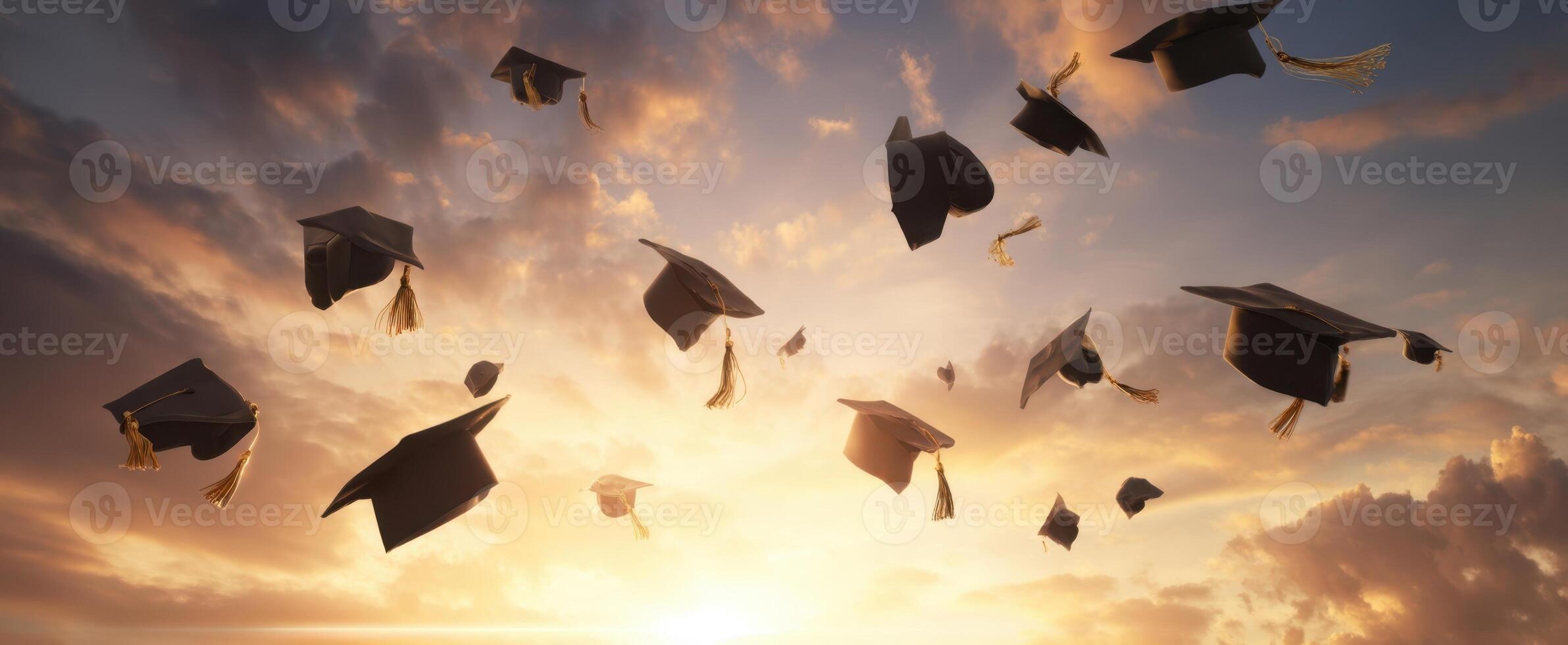 The graduation caps soaring beautifully under a colorful sunset sky. photo