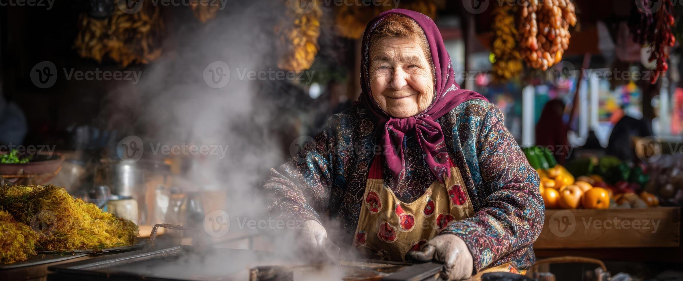 The charming elderly woman cooking at a vibrant market filled with spices. photo