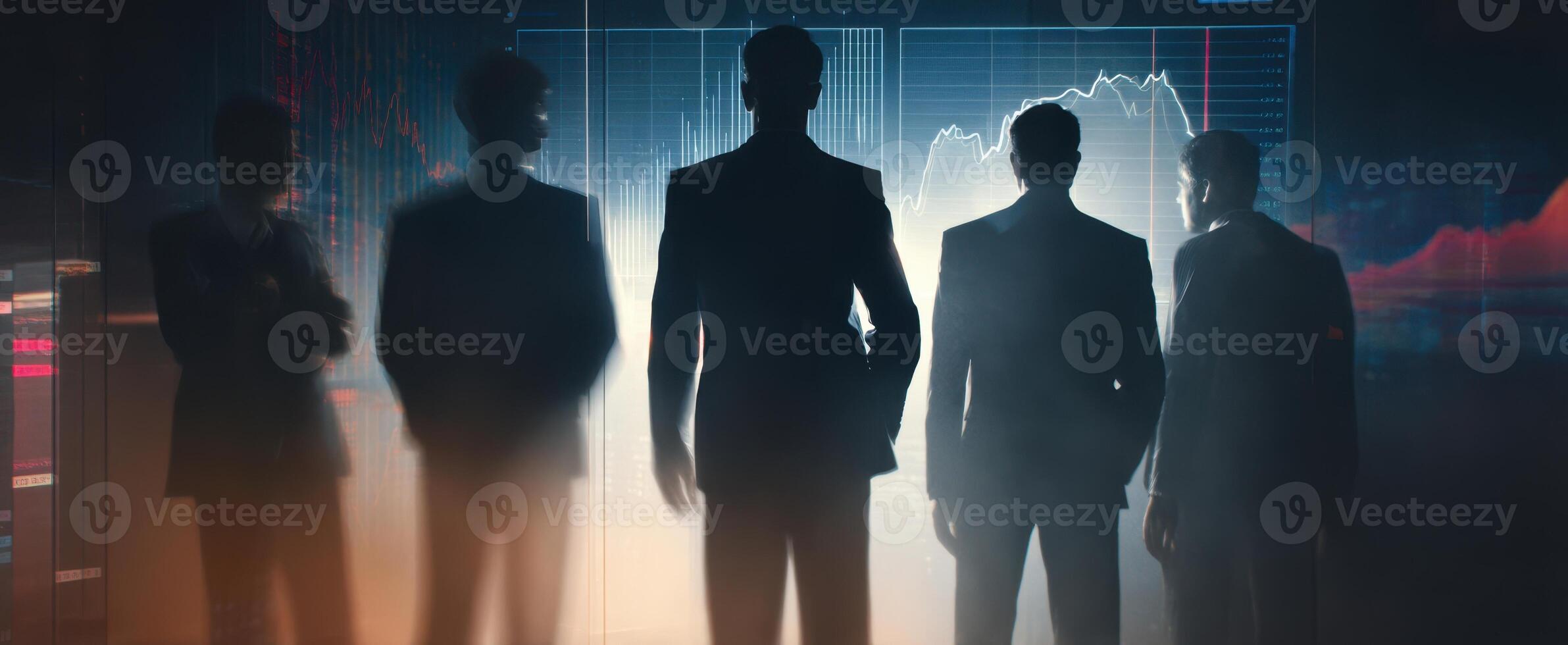 The silhouettes of business leaders analyzing financial data in a modern workspace. photo