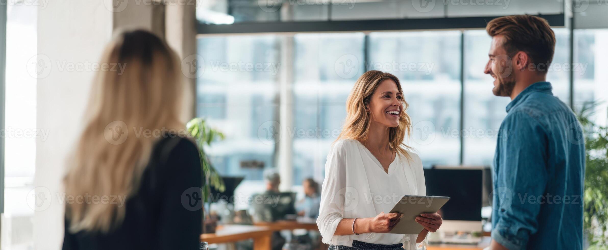 The engaging interaction of colleagues in a modern office environment photo