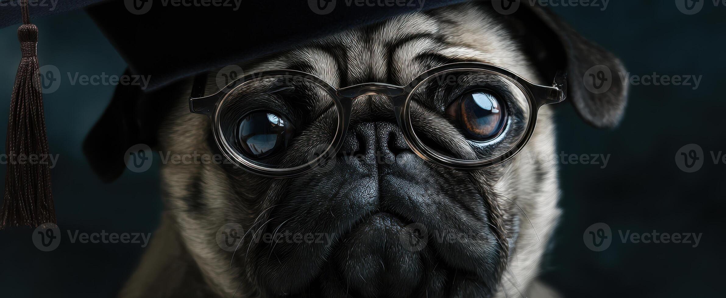 The pug wearing glasses and a graduation cap in a whimsical portrait. photo