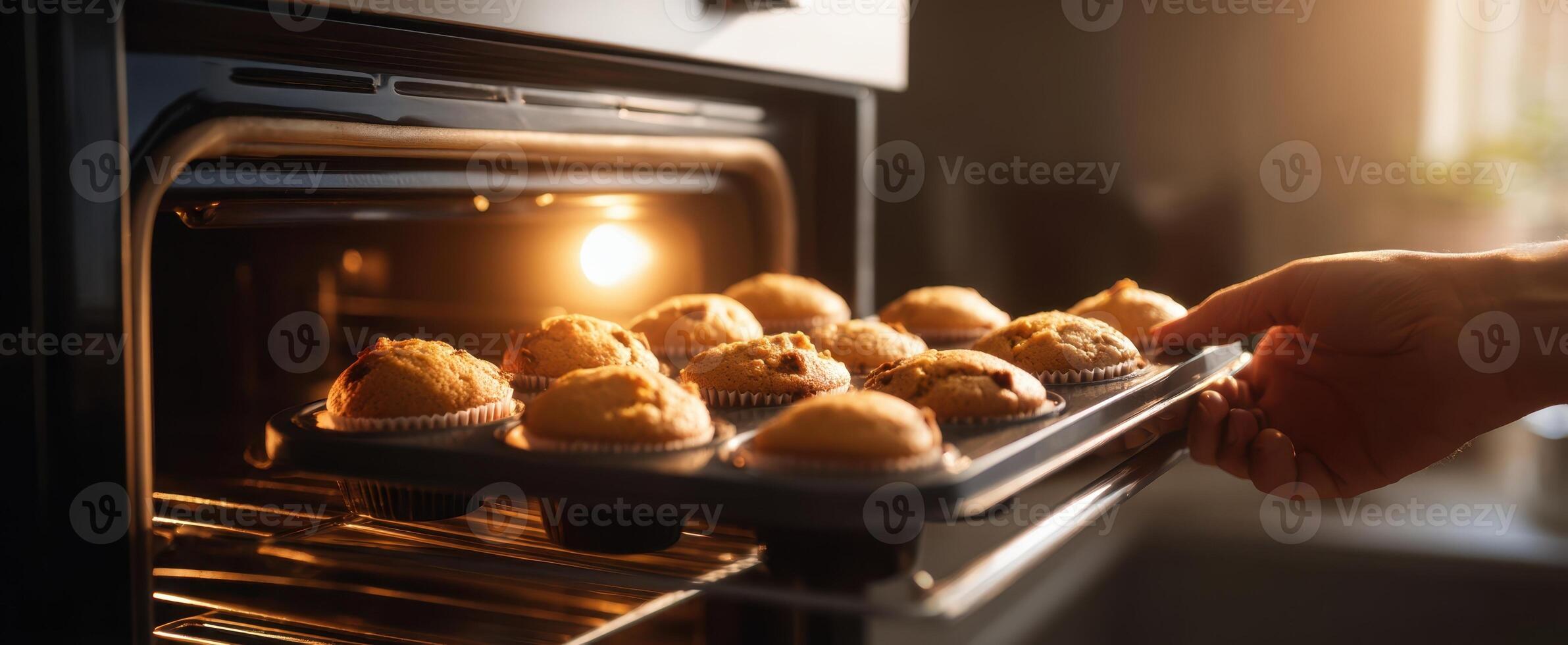 The fresh muffins baking in the oven create a warm, inviting atmosphere. photo