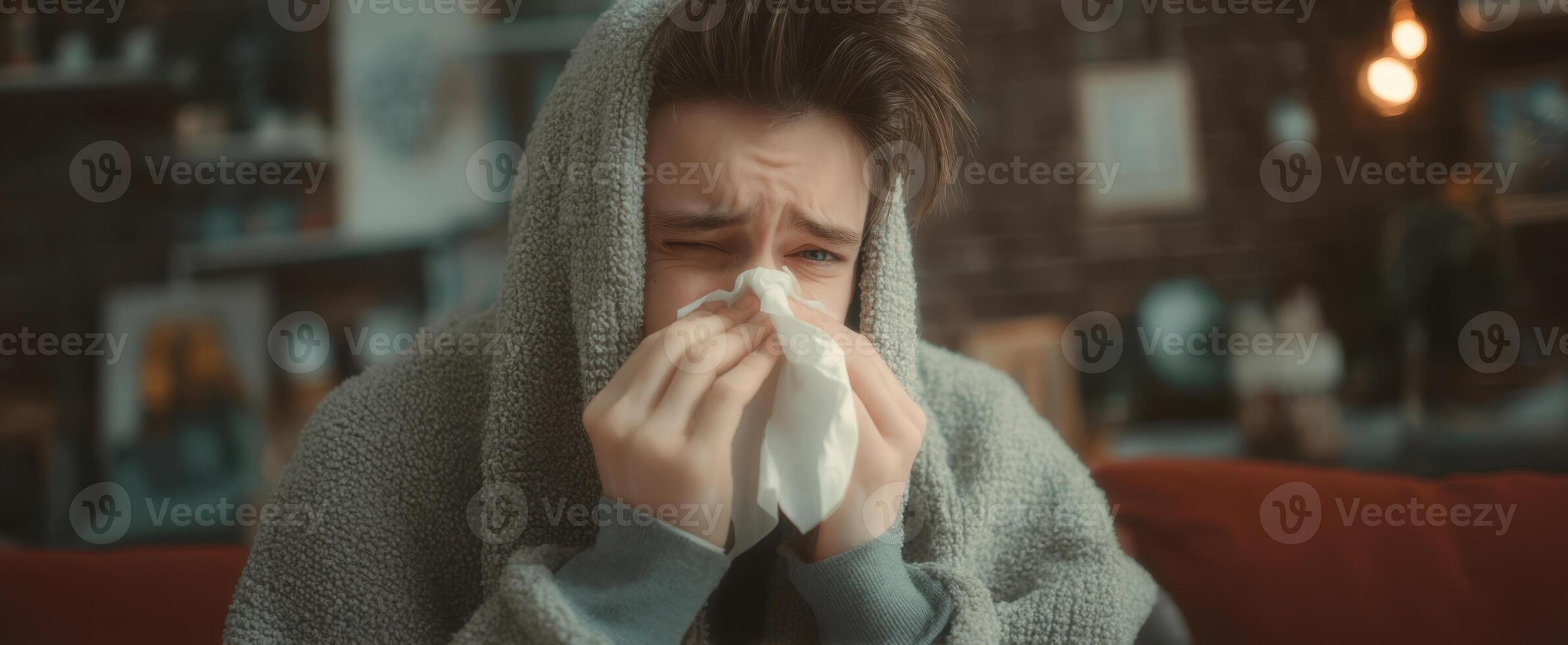 The young person wrapped in a blanket, struggling with a cold in a cozy setting. photo