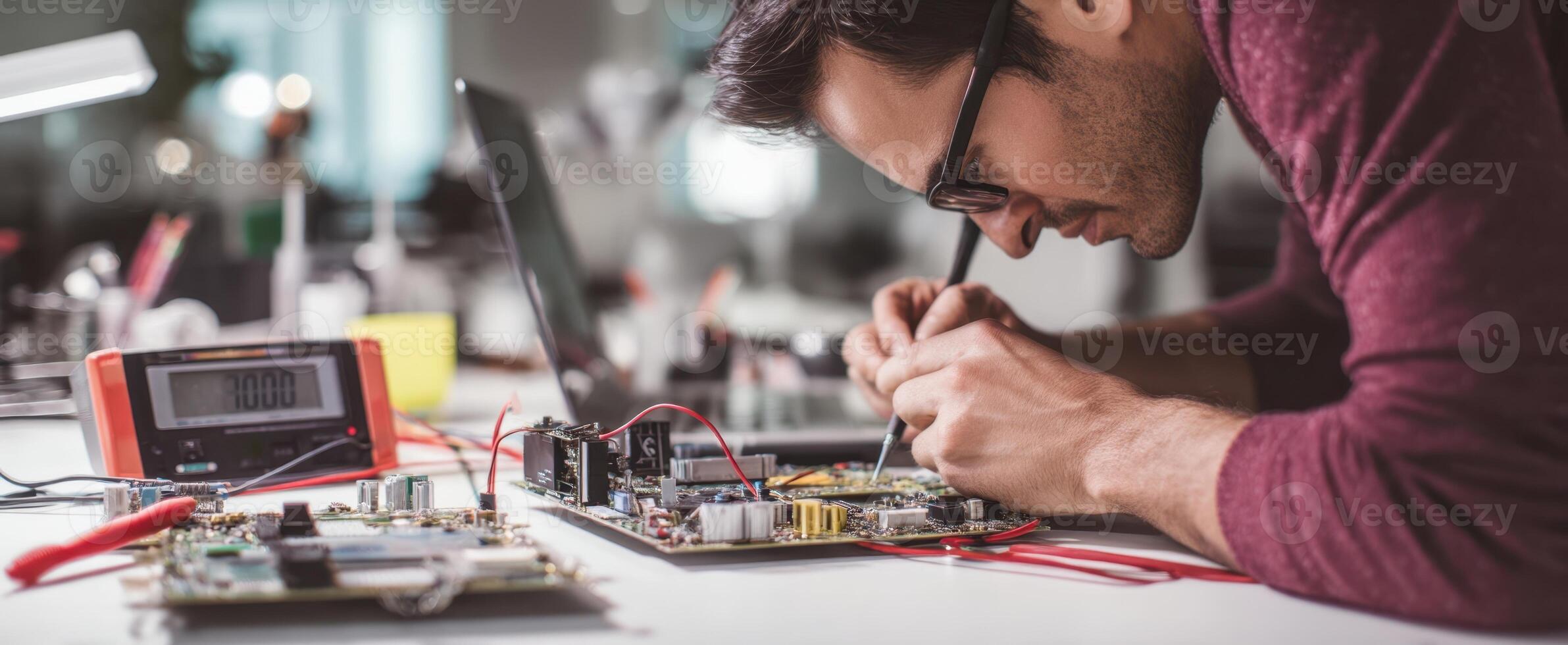The technician repairing a circuit board at a modern workspace with tools. photo