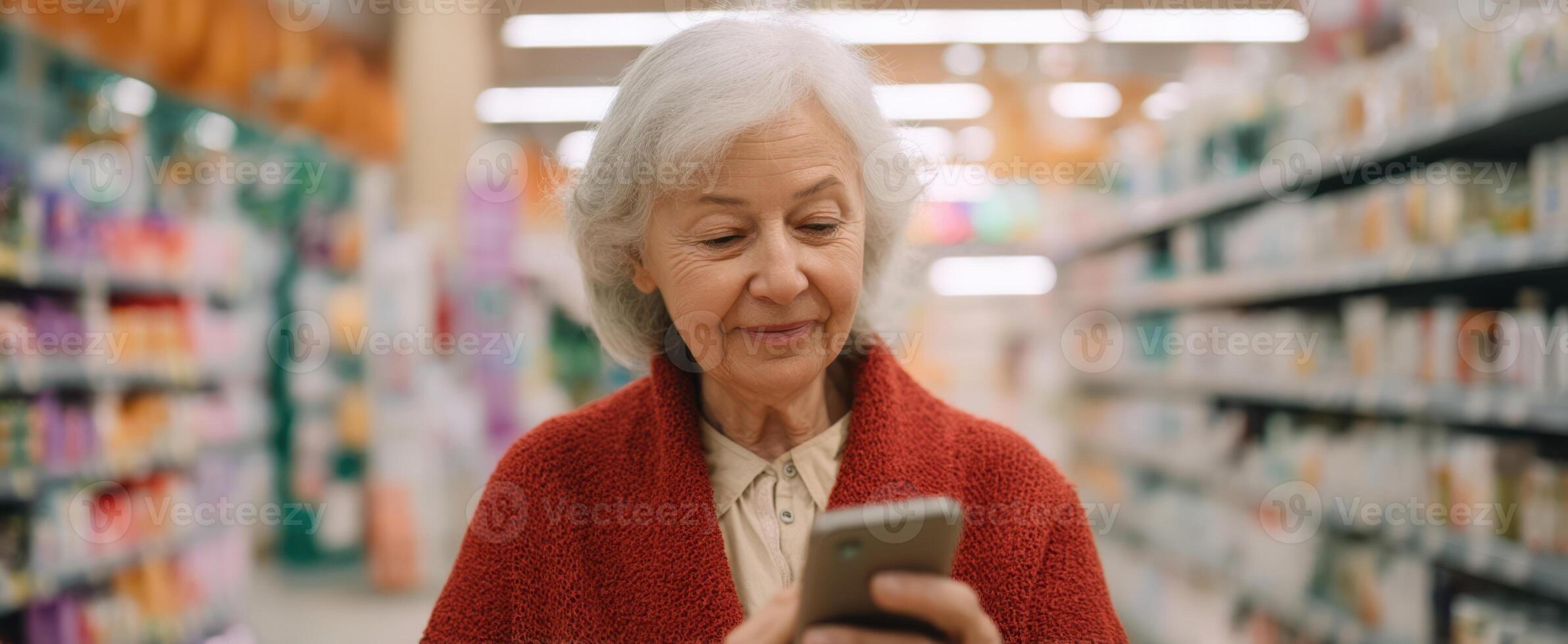 The elderly woman happily using her smartphone while shopping in a grocery store. photo