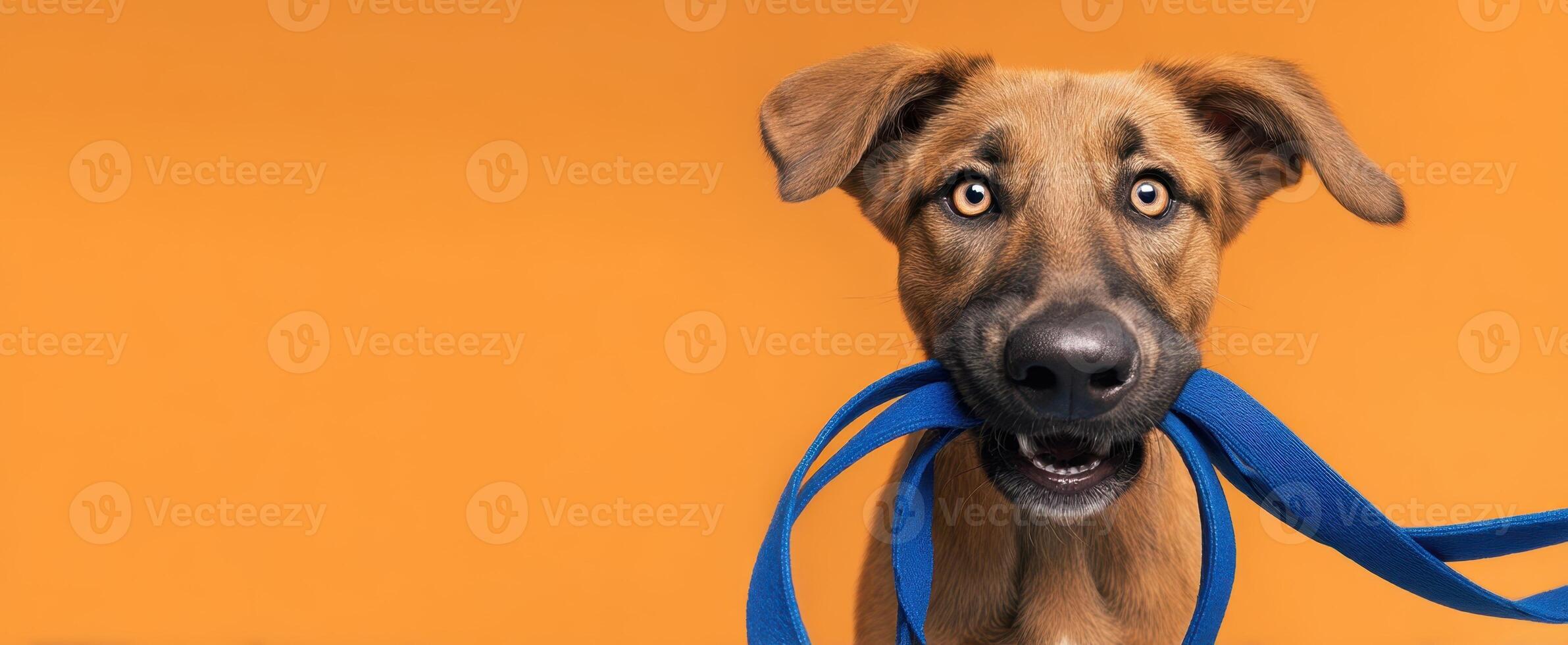 The happy dog holding a blue leash in front of a vibrant background photo