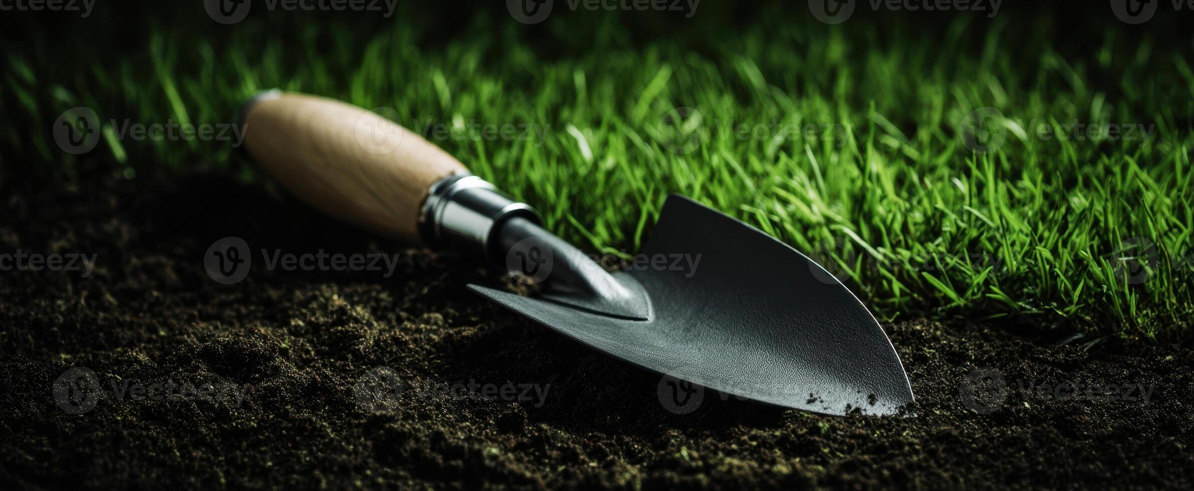 The trowel resting on dark soil surrounded by vibrant green grass. photo