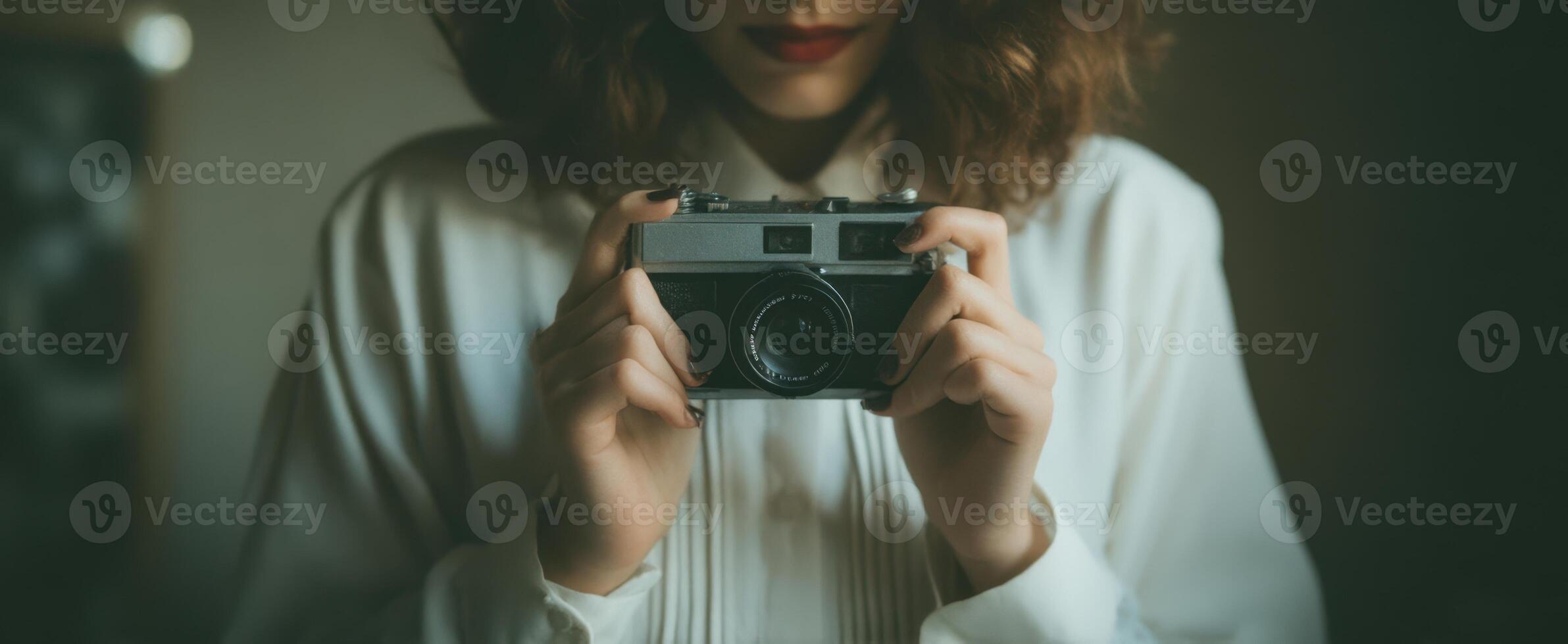 The woman holding a vintage camera in a soft-lit environment. photo