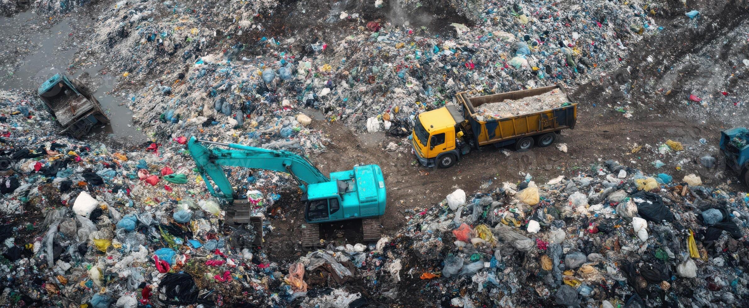 The machinery working at a busy landfill site surrounded by waste and debris. photo