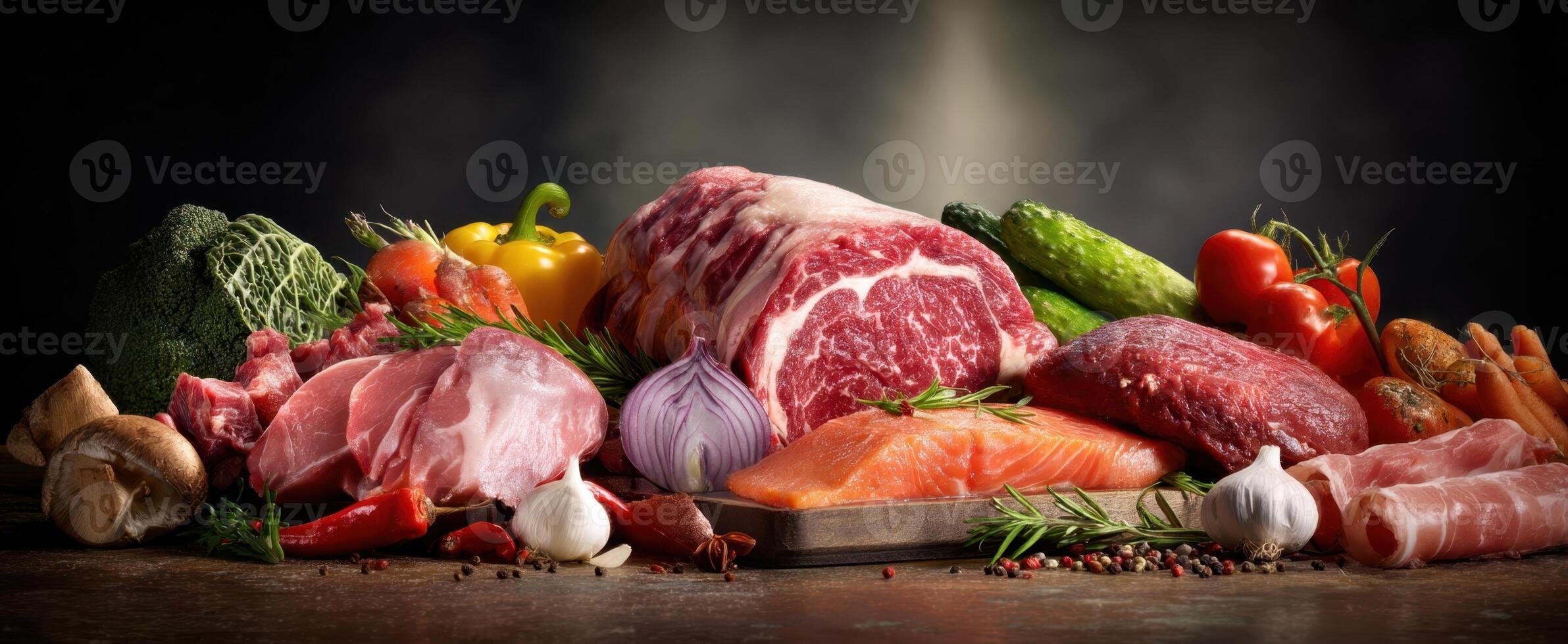 The vibrant assortment of fresh meats and vegetables on a rustic wooden table photo