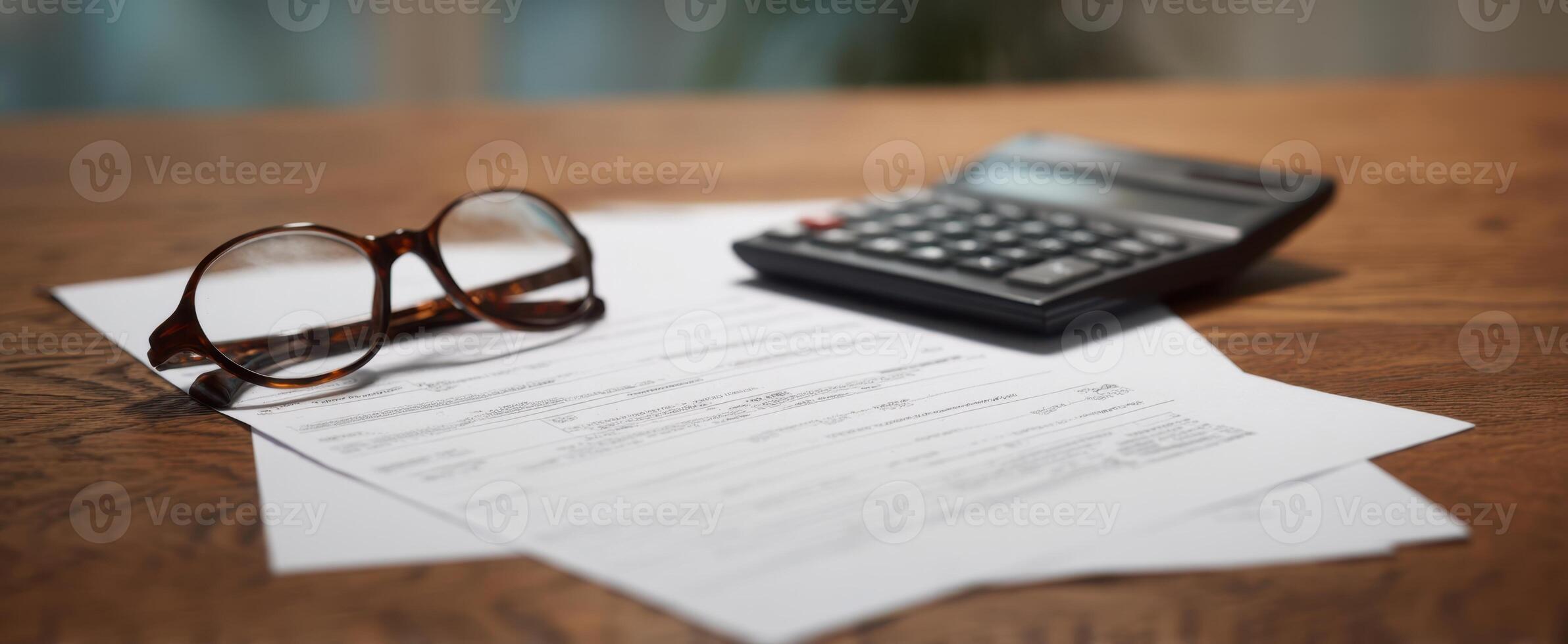 The calculator rests beside important financial documents and reading glasses. photo