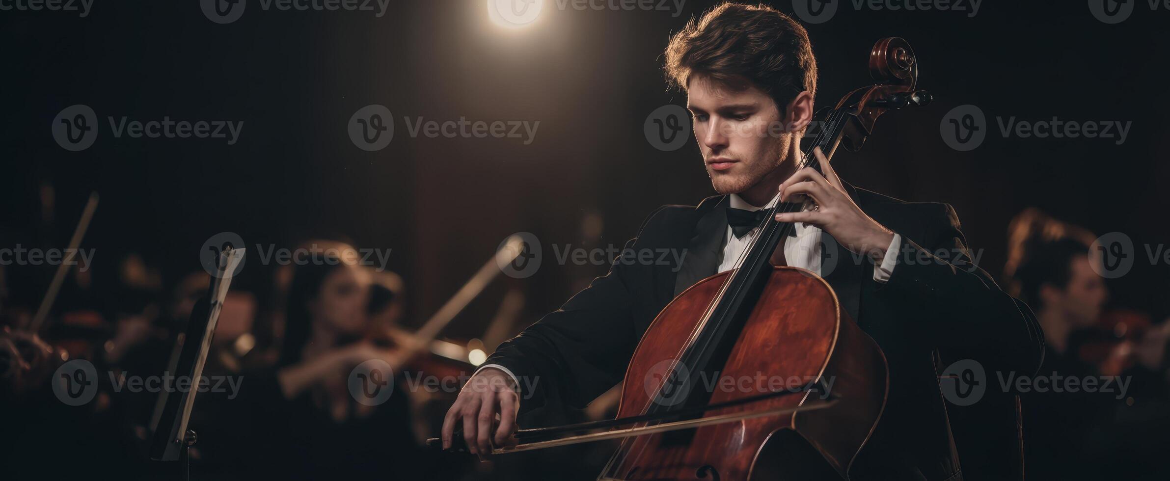 The talented cellist performing in a captivating orchestral concert setting. photo