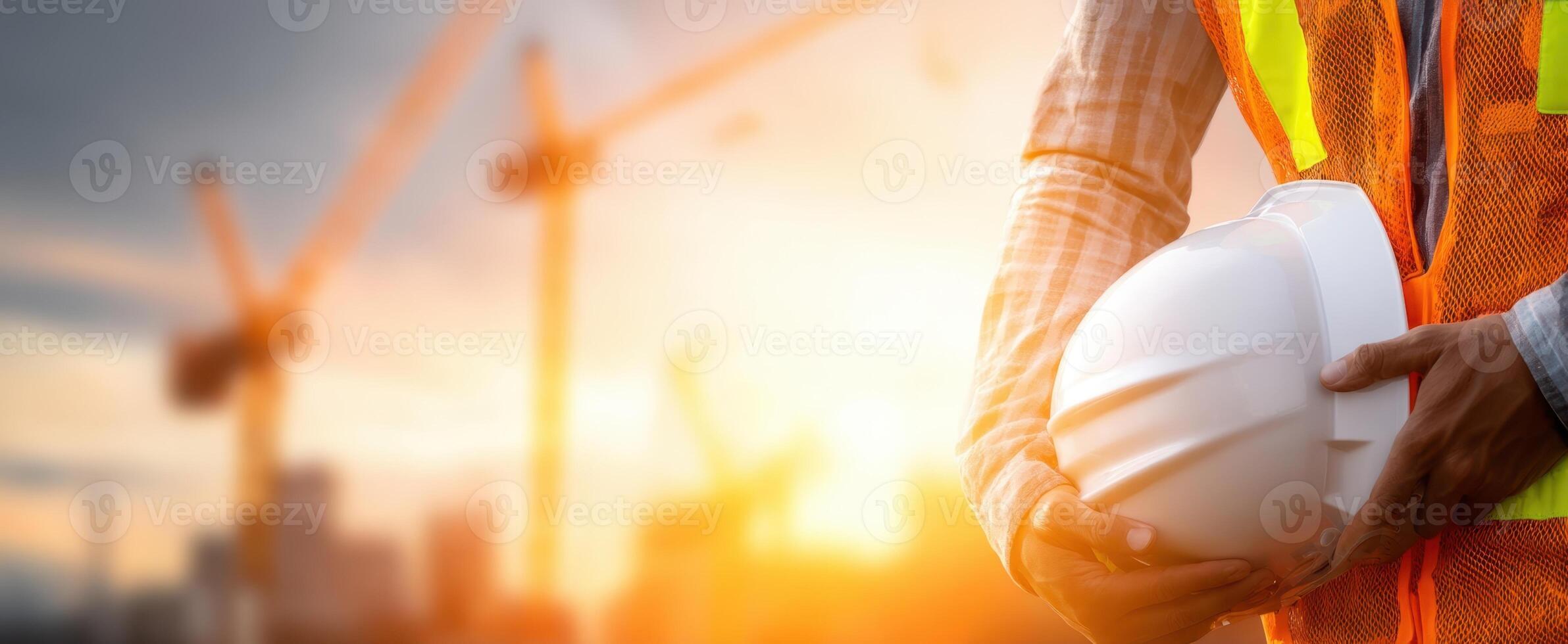 The construction worker holding a helmet during a sunset at a building site. photo