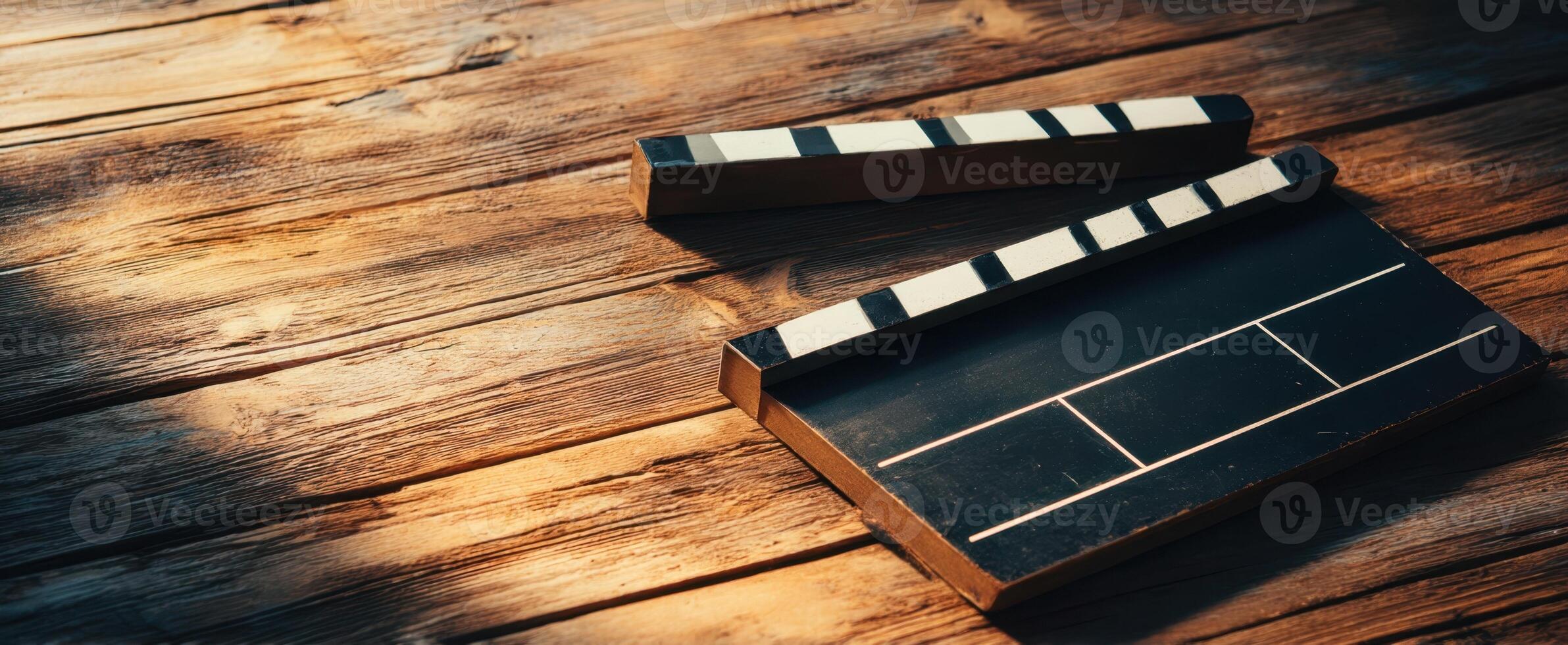 The classic clapperboard resting on a wooden surface illuminated by natural light. photo
