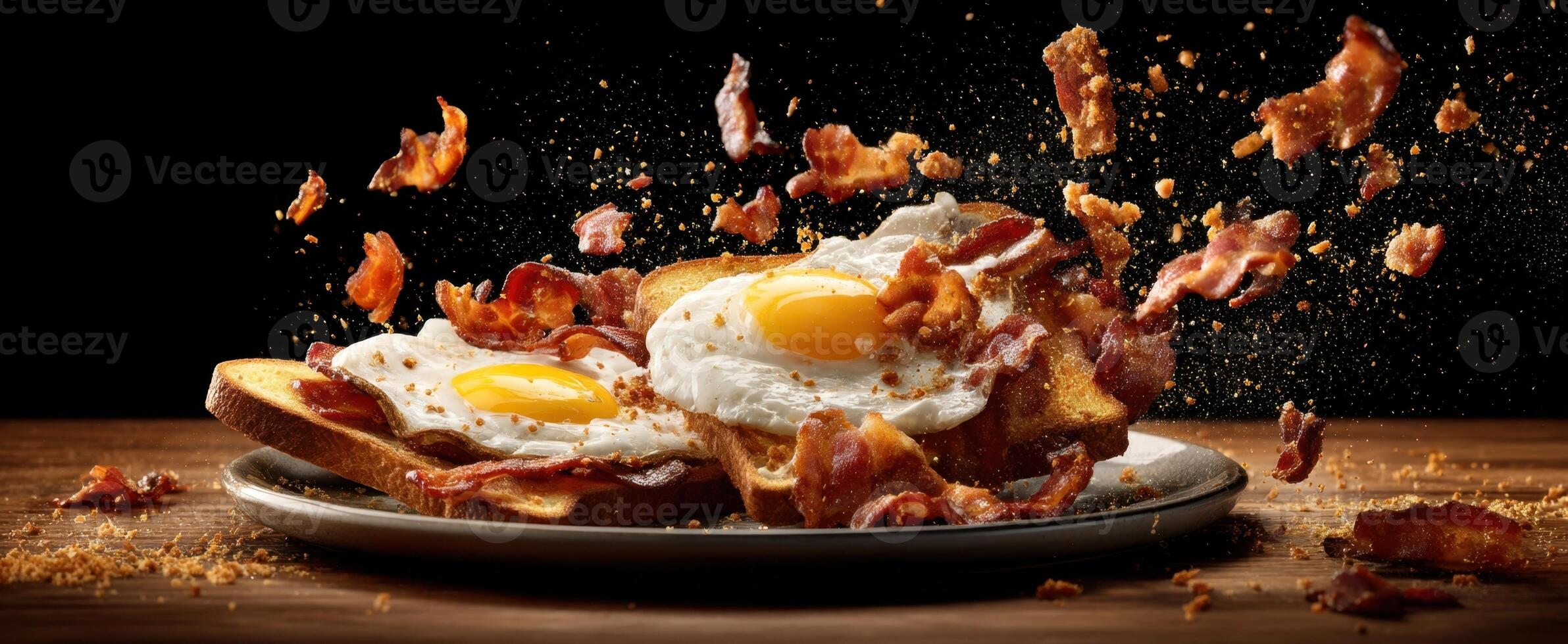 The delicious breakfast eggs and crispy bacon splattering on a plate. photo