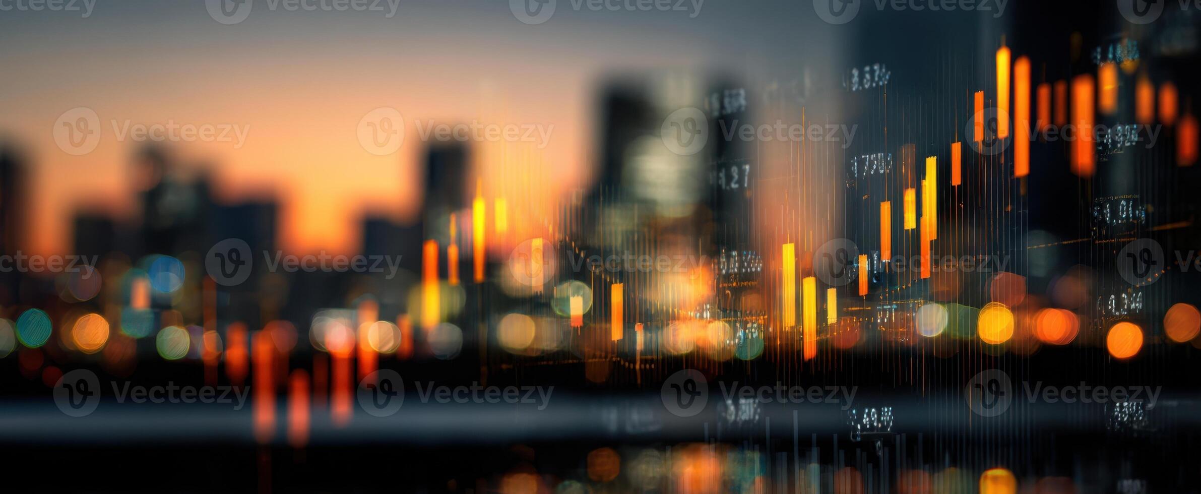 The dynamic financial chart reflecting urban growth and investment trends at sunset. photo