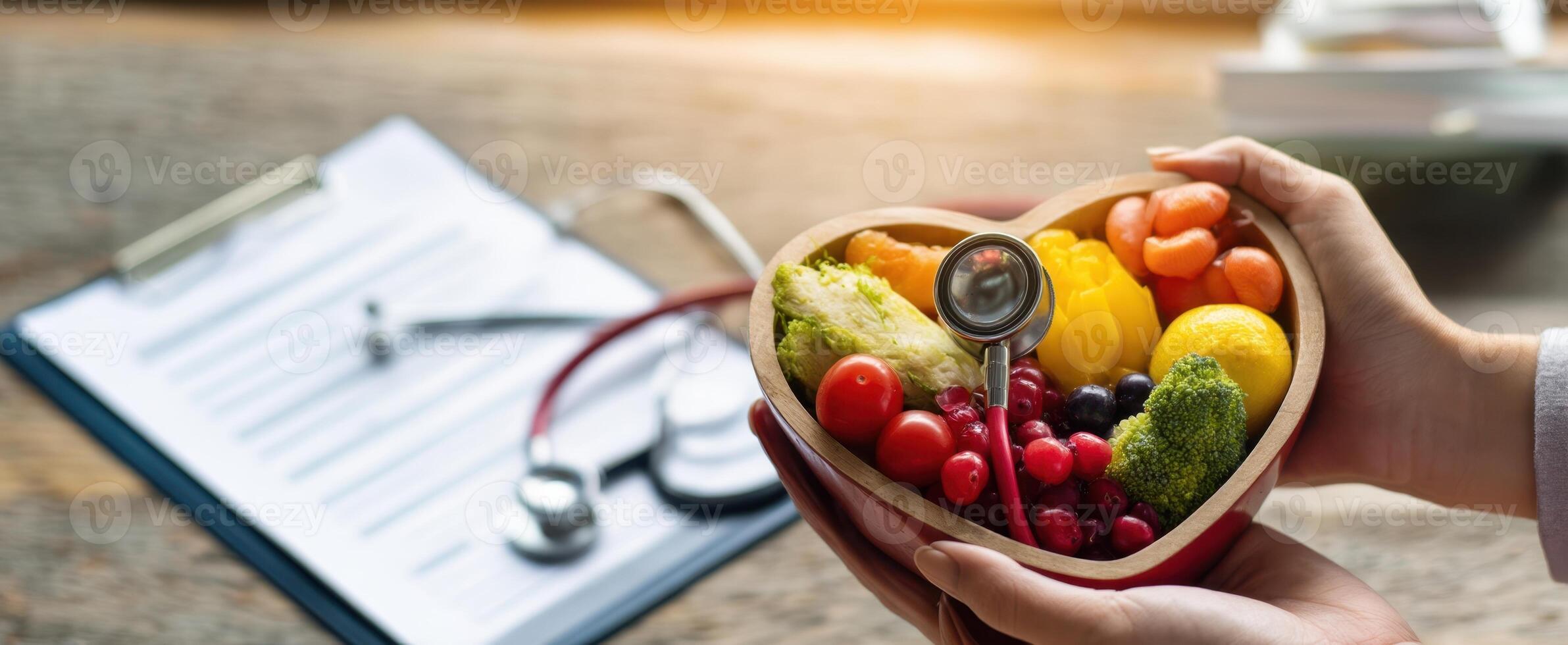 The heart-shaped bowl filled with fresh fruits and vegetables for healthy living. photo