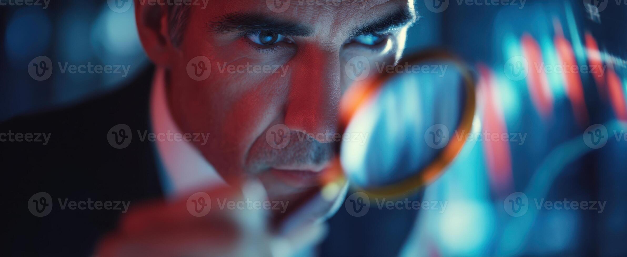 The businessman examining data trends with a magnifying glass for insight. photo