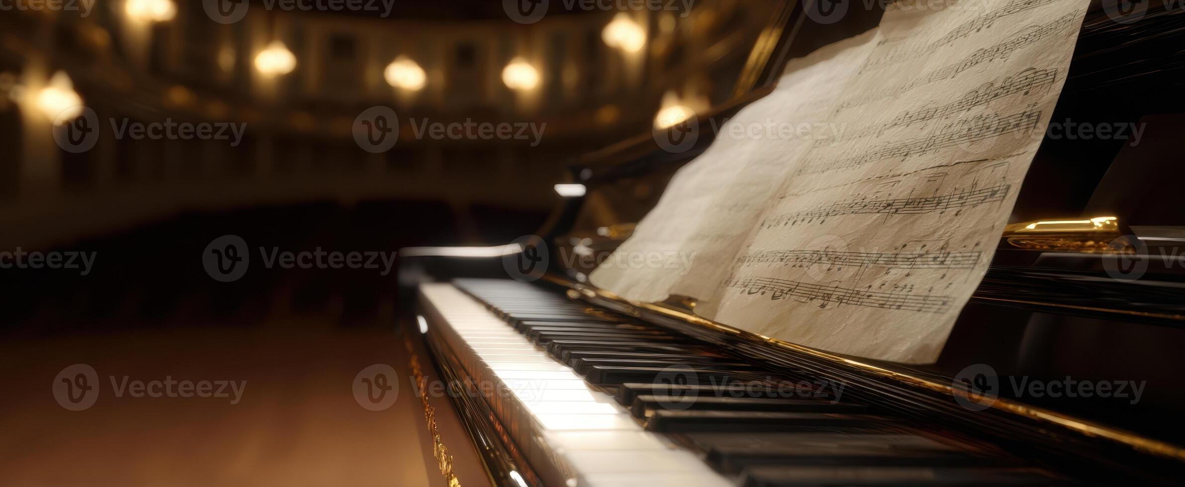 The Elegant Piano with Sheet Music in a Classical Concert Hall Setting photo
