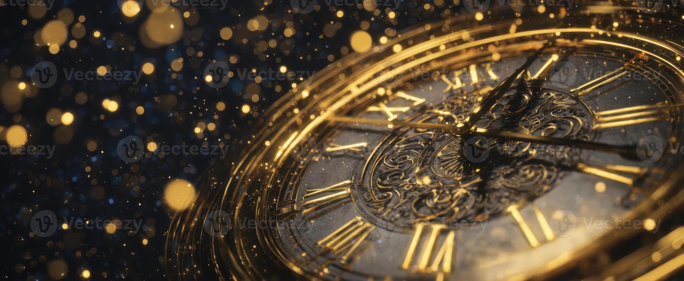 The luxurious ornate clock surrounded by a sparkling golden backdrop. photo