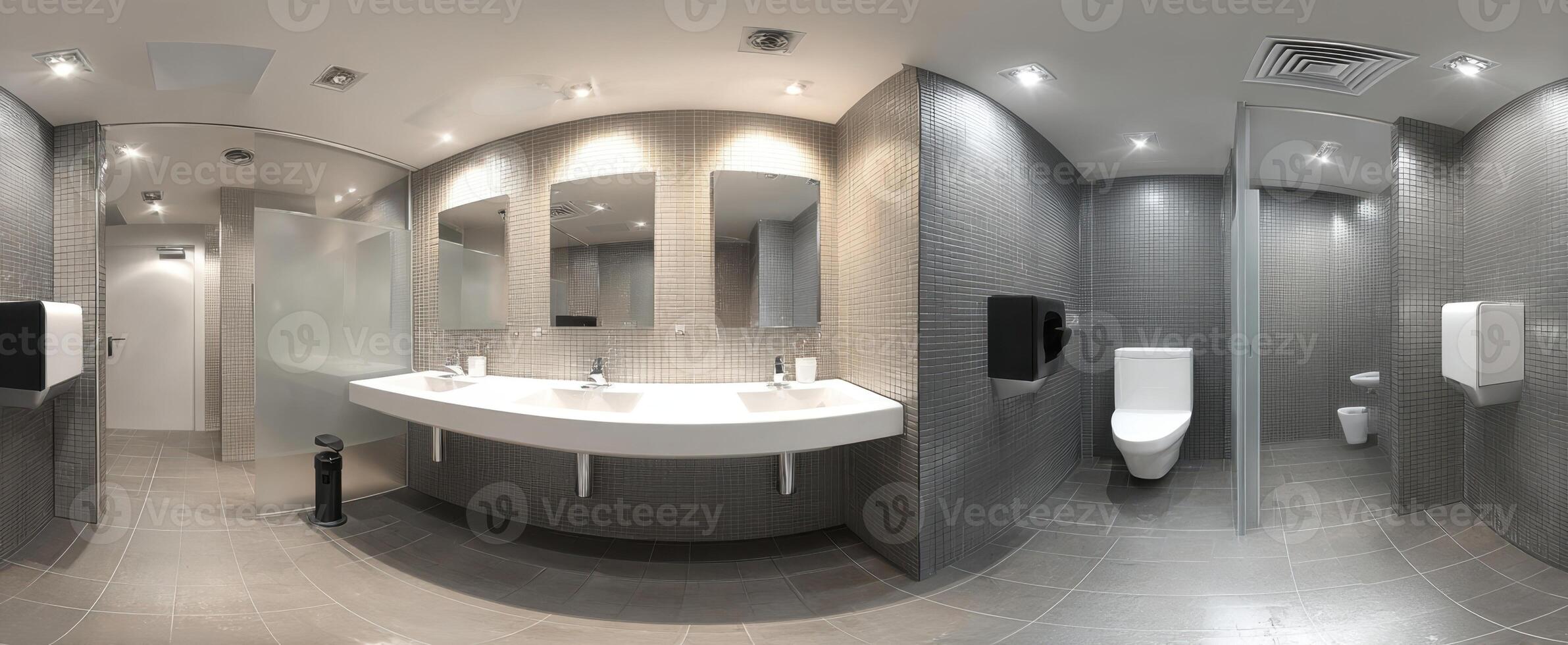 The modern restroom featuring sleek design and elegant fixtures. photo