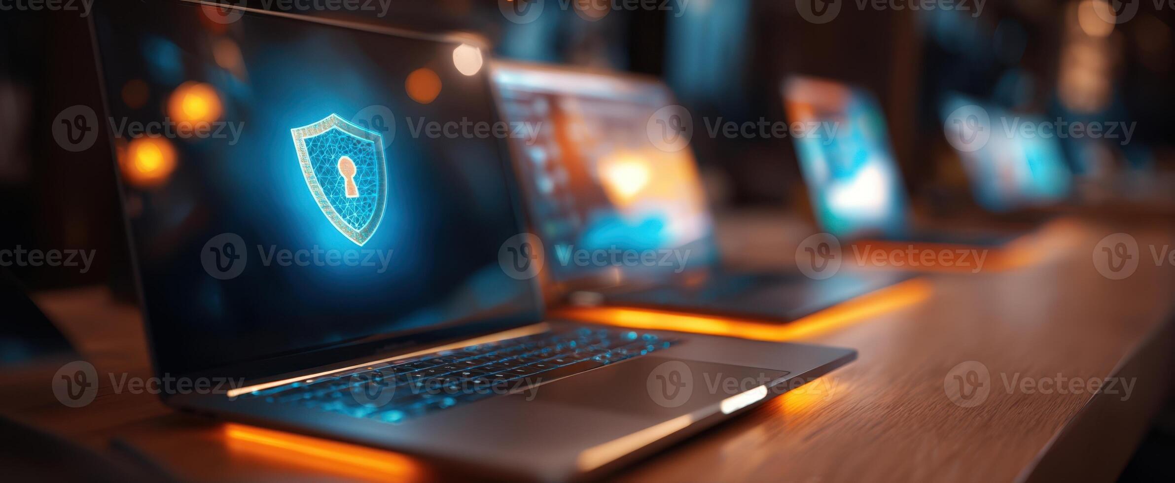 The laptop showcasing cybersecurity with a glowing shield and lock symbol. photo