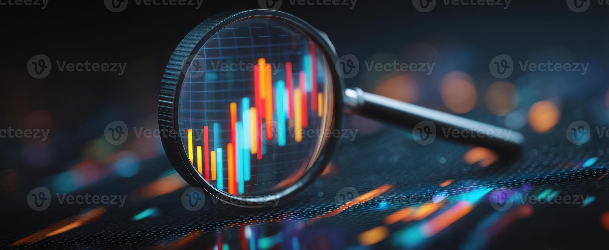 The magnifying glass revealing colorful stock graph on digital workspace. photo