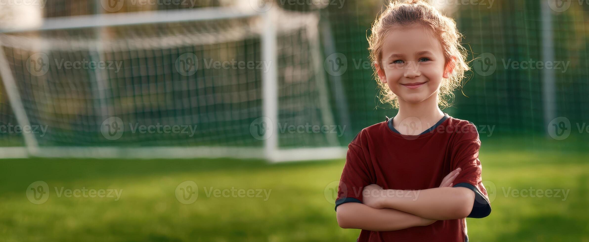 The confident young girl posing on a soccer field with a goal in the background. photo