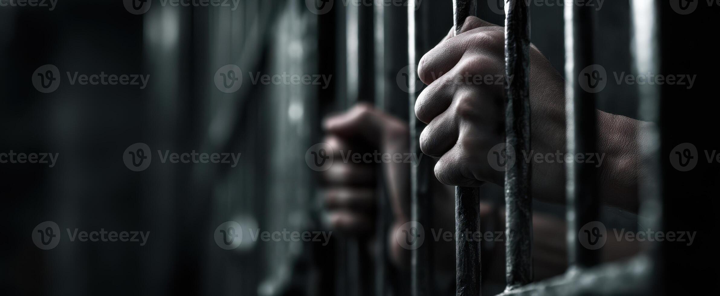 The Struggle of Hands Gripping Iron Bars in a Dark Prison Environment photo