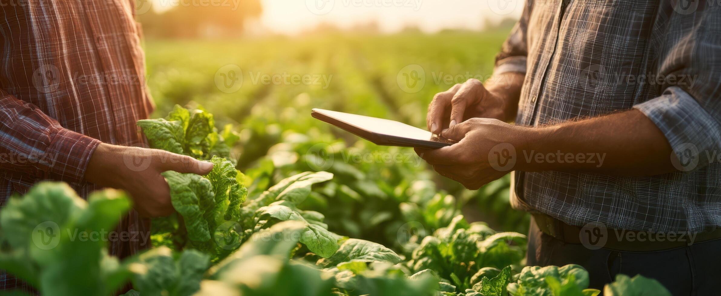 The farmers collaborating in a field using a tablet for agricultural insights. photo