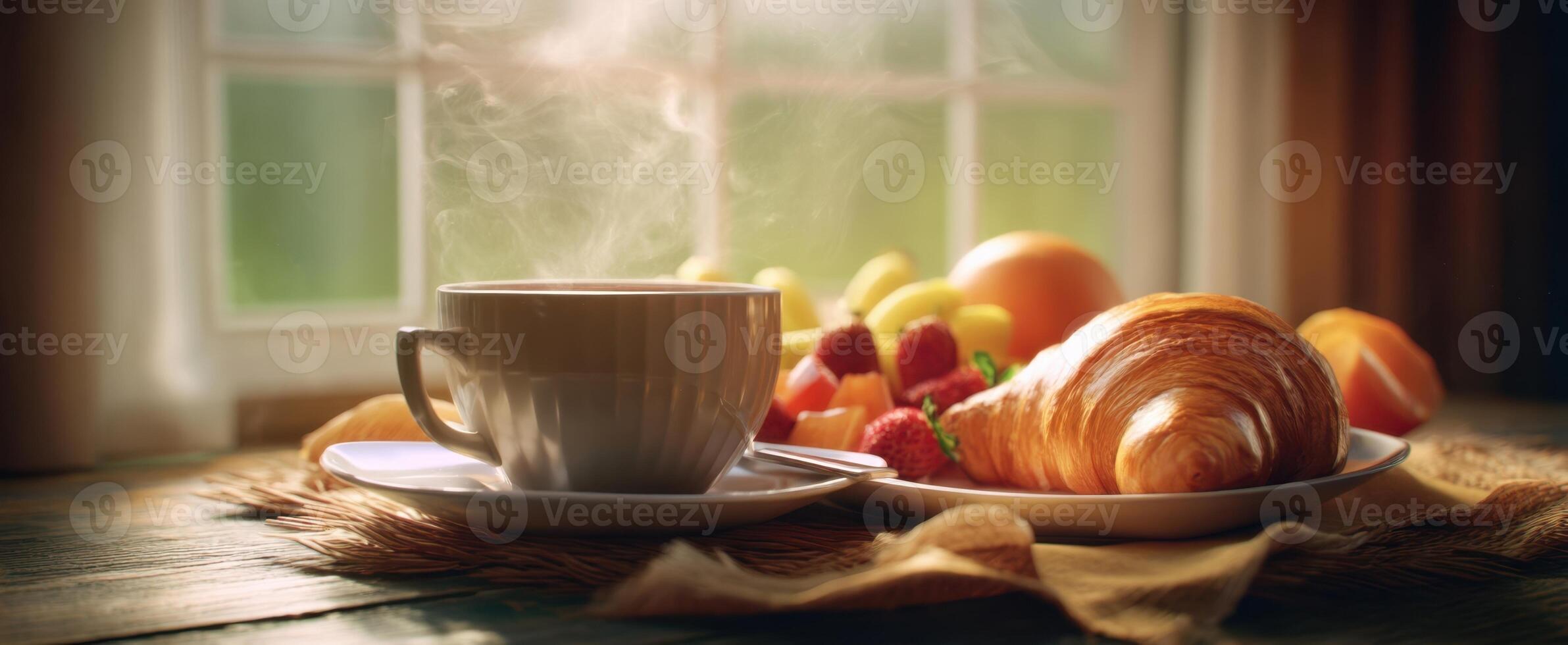 The steaming coffee cup and fresh breakfast on a sunlit table. photo