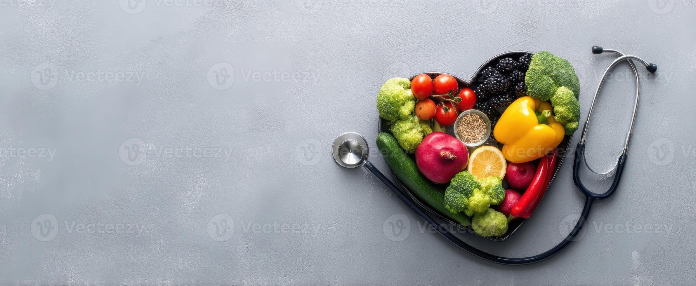 The heart-shaped arrangement of fresh vegetables and fruits with a stethoscope. photo