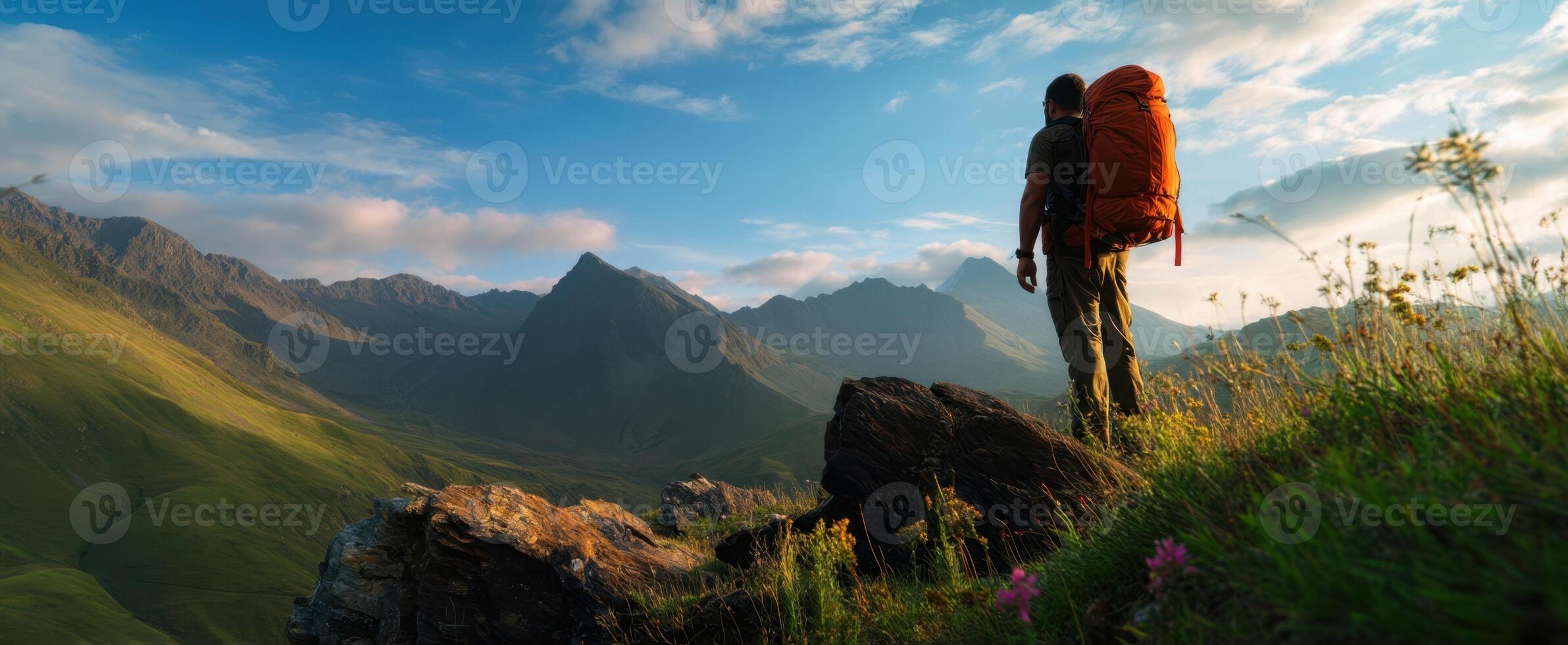 The hiker stands on a rocky outcrop overlooking a breathtaking mountain landscape. photo
