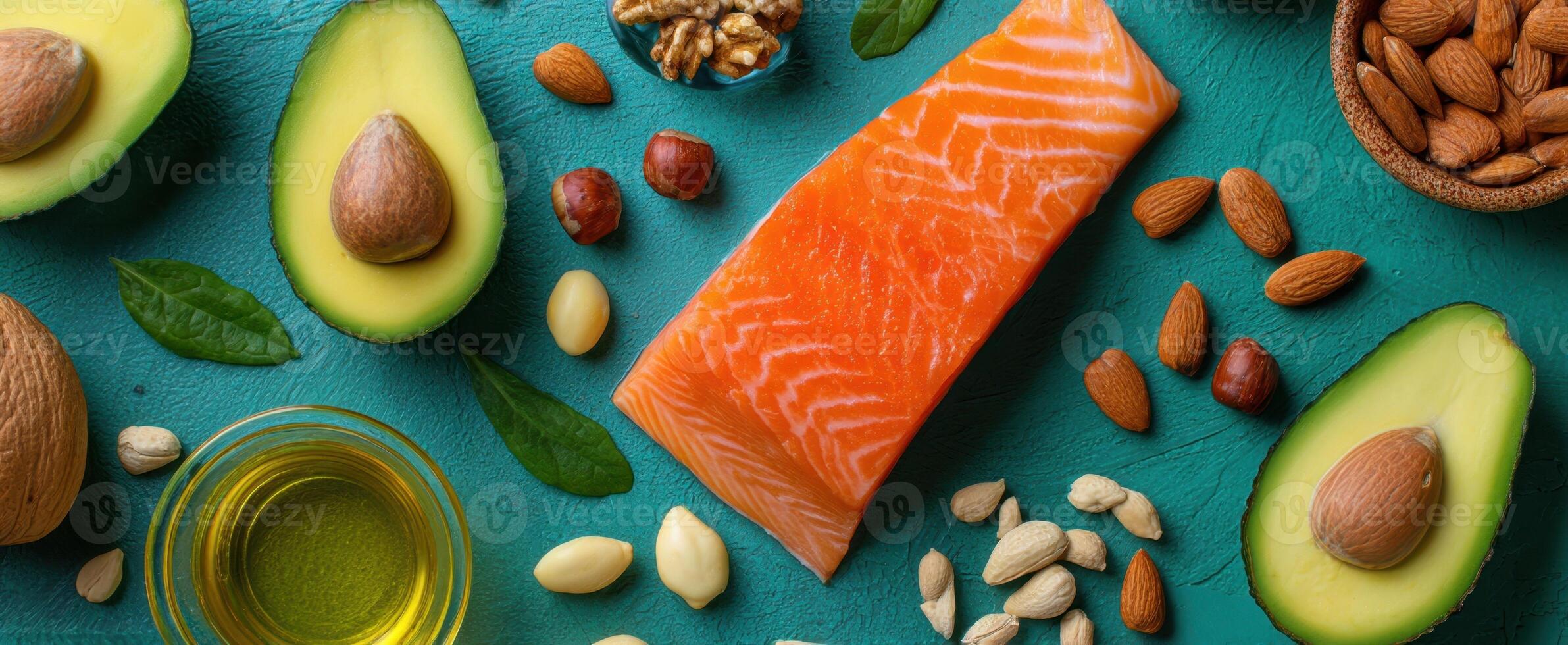 The vibrant arrangement of salmon, avocado, and assorted nuts on a colorful table. photo