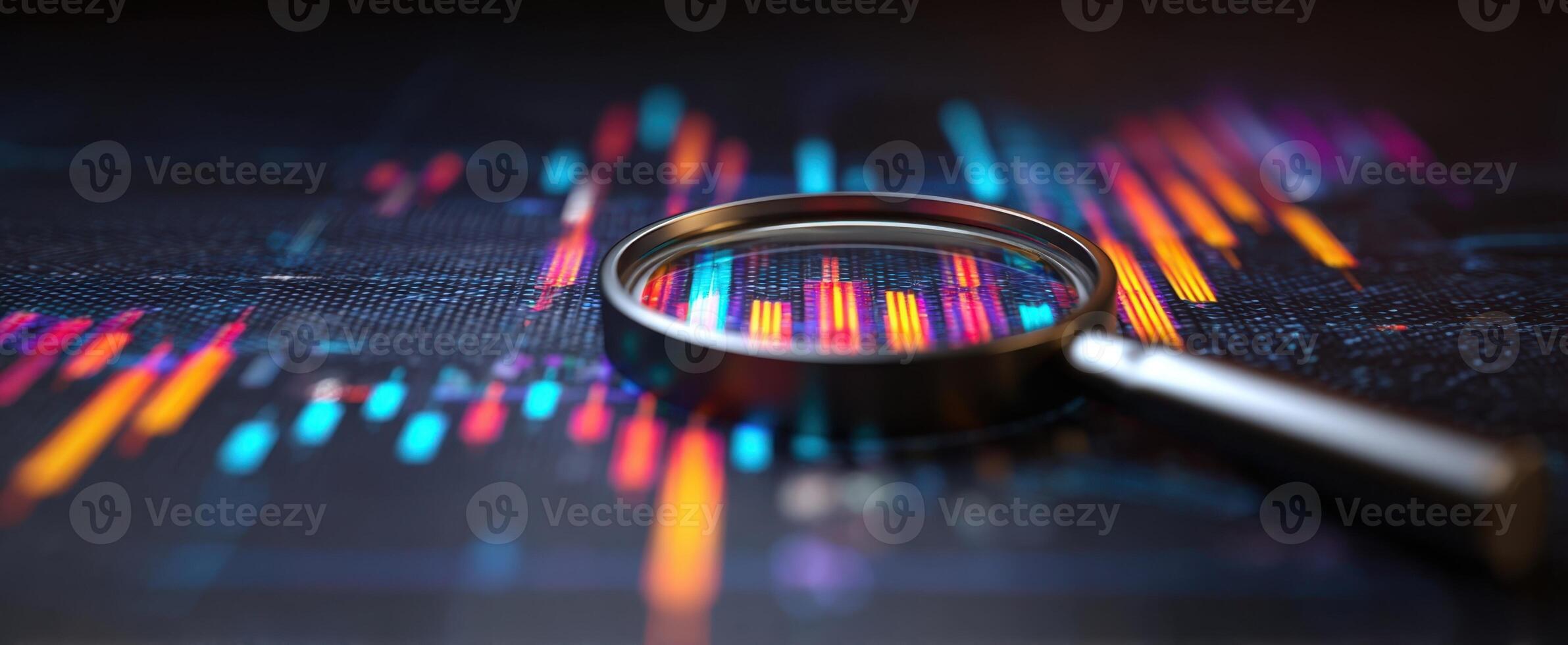 The magnifying glass highlighting colorful data trends on a digital background. photo