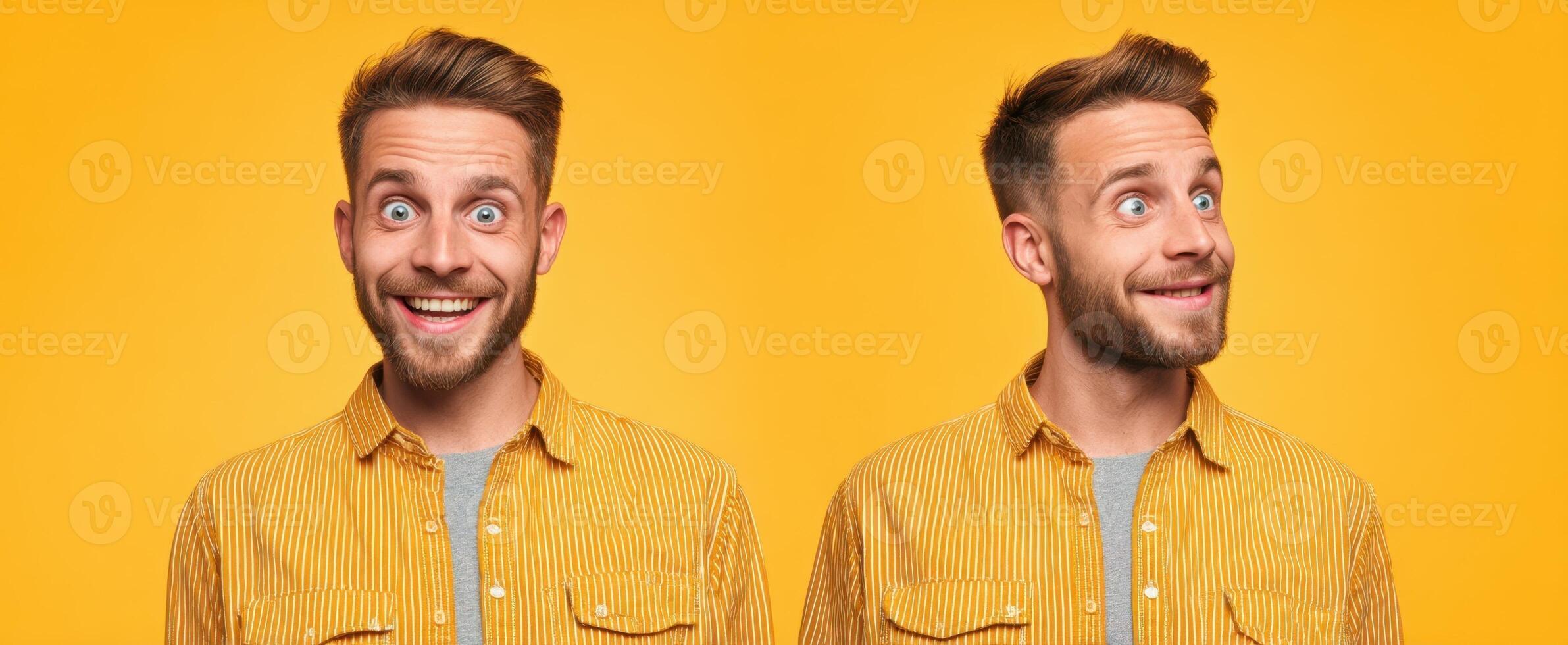 The expressive man showcasing different emotions against a vibrant yellow background. photo