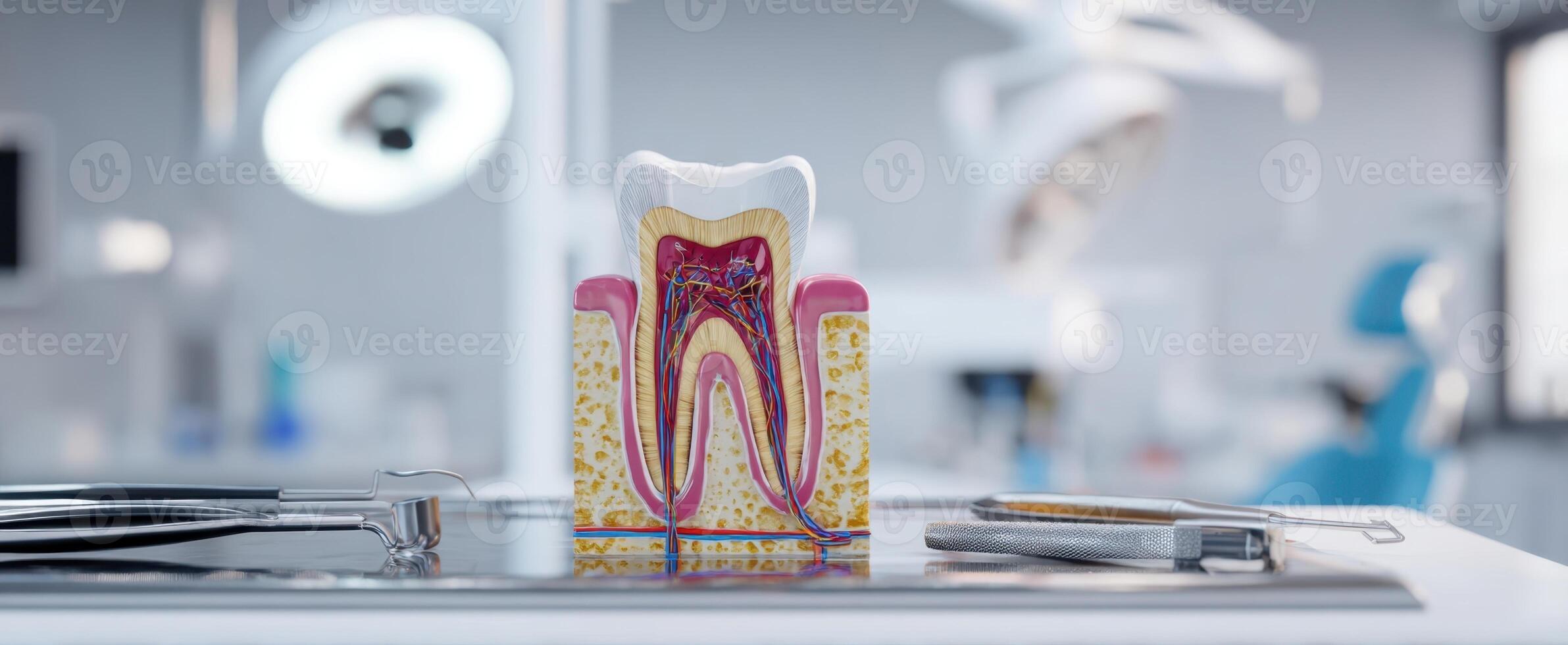 The detailed dental model showcasing tooth anatomy in a modern dental office setting. photo