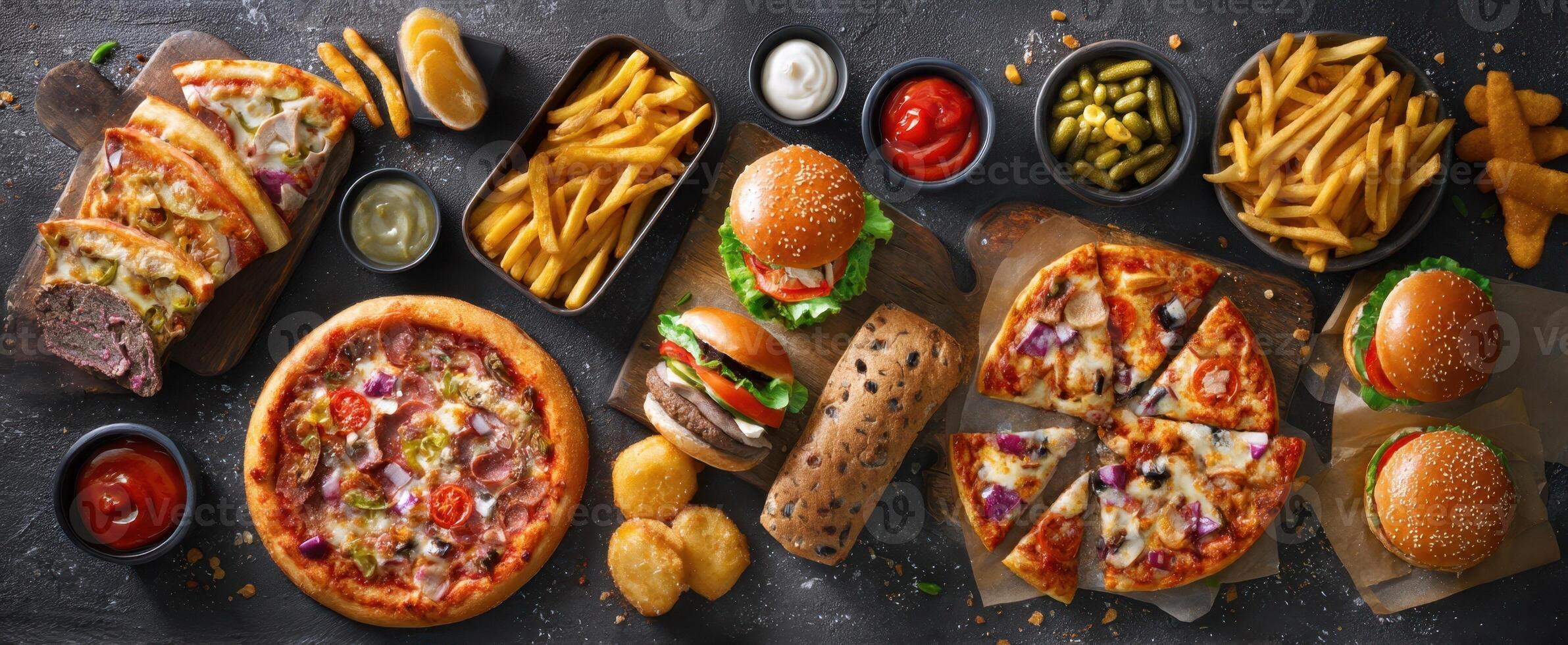The vibrant spread of pizza, burgers, and fries on a wooden table photo