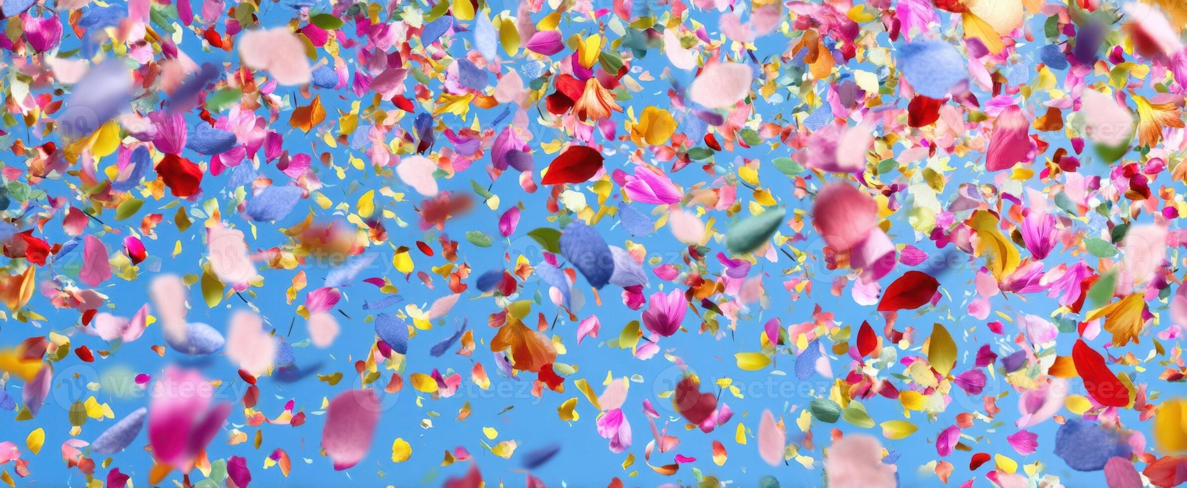 The vibrant petals gracefully falling against a clear blue sky photo