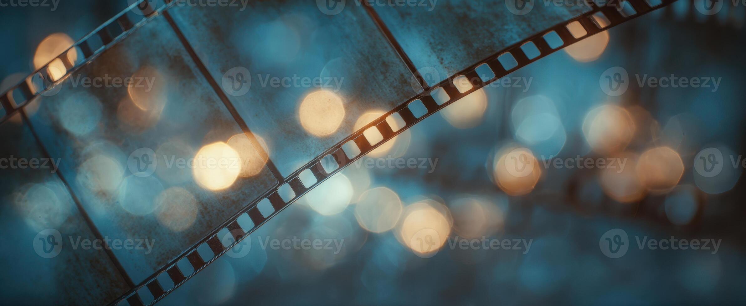 The film reel beautifully illuminated by glowing bokeh lights in a dreamy background photo