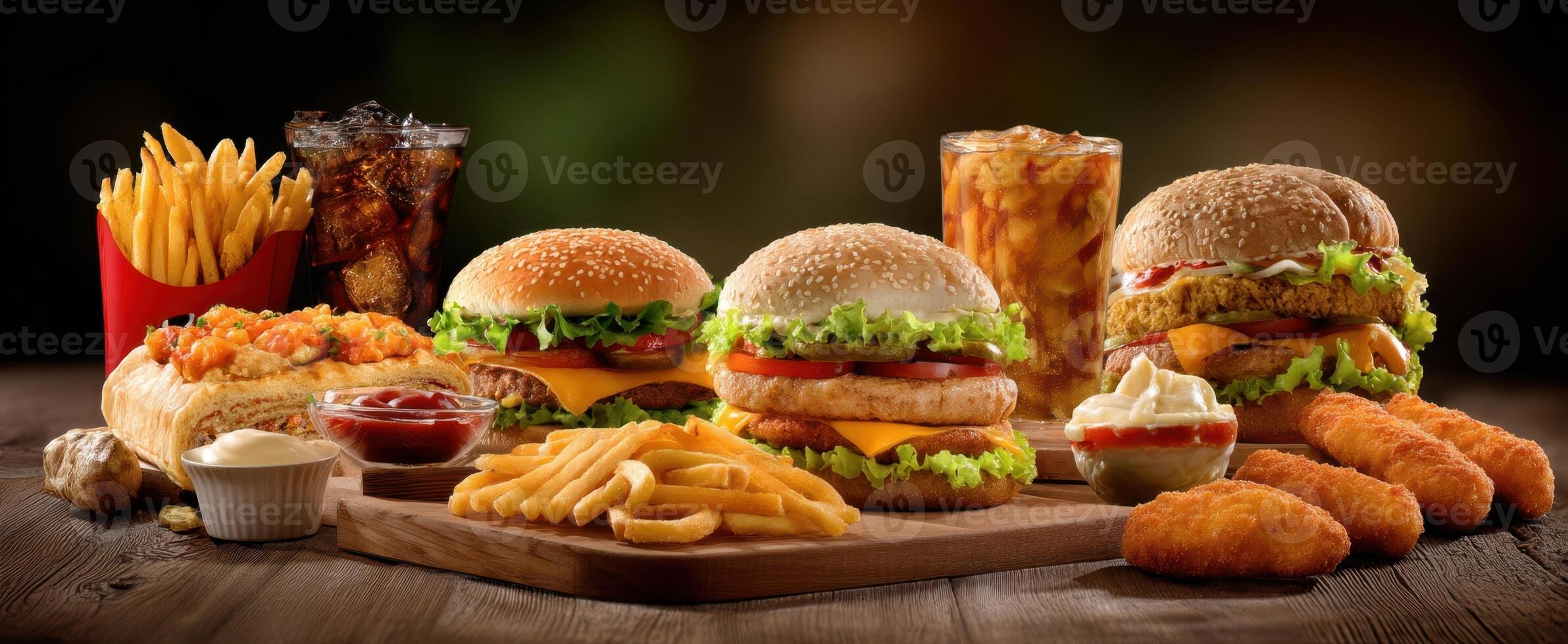 The delicious assortment of burgers and sides on a rustic wooden table. photo
