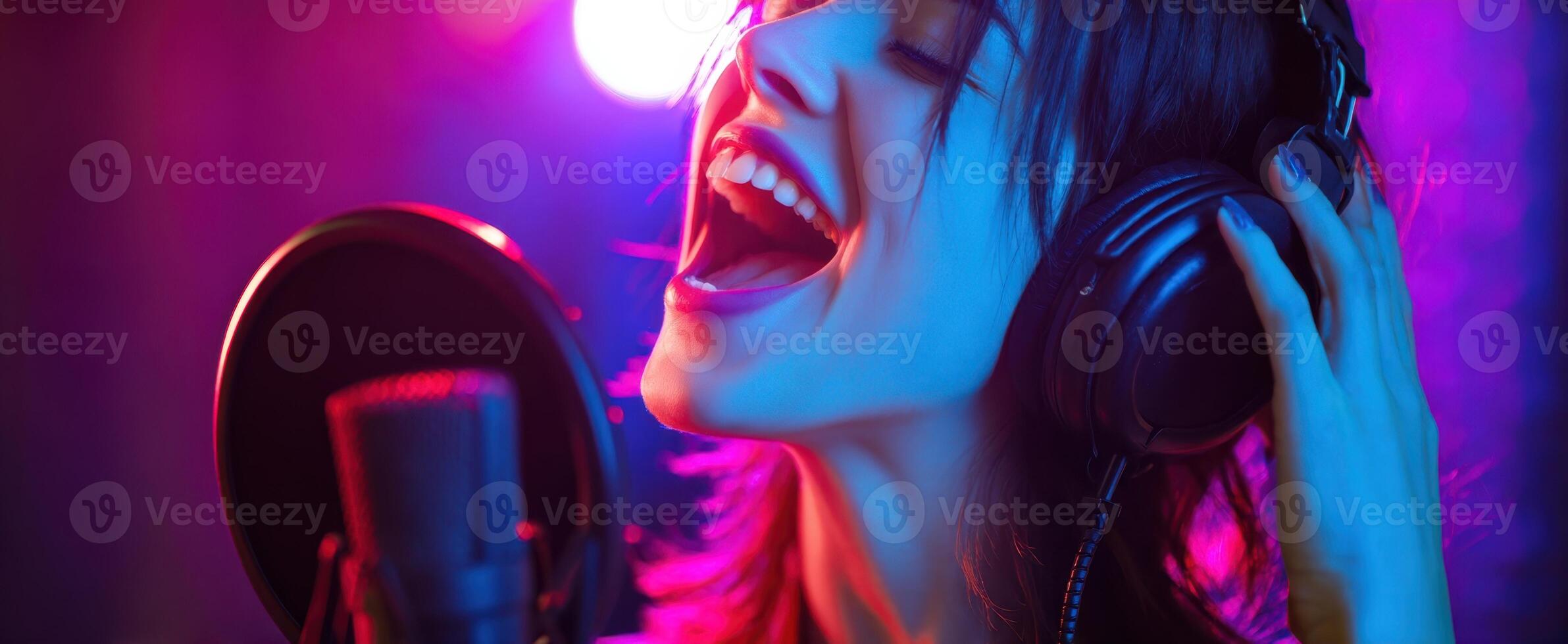 The singer passionately expressing her artistry in a vibrant music studio. photo