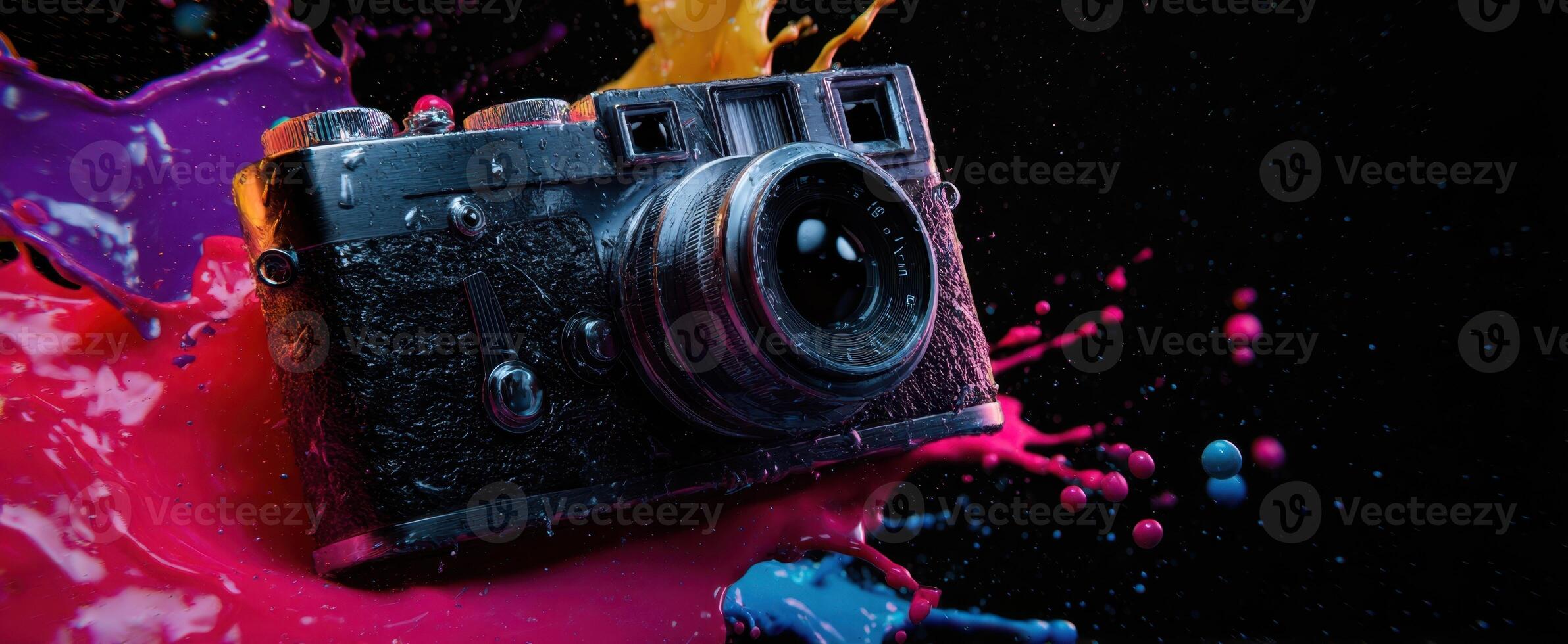 The Colorful Splash Surrounding a Vintage Camera in a Studio Setting. photo