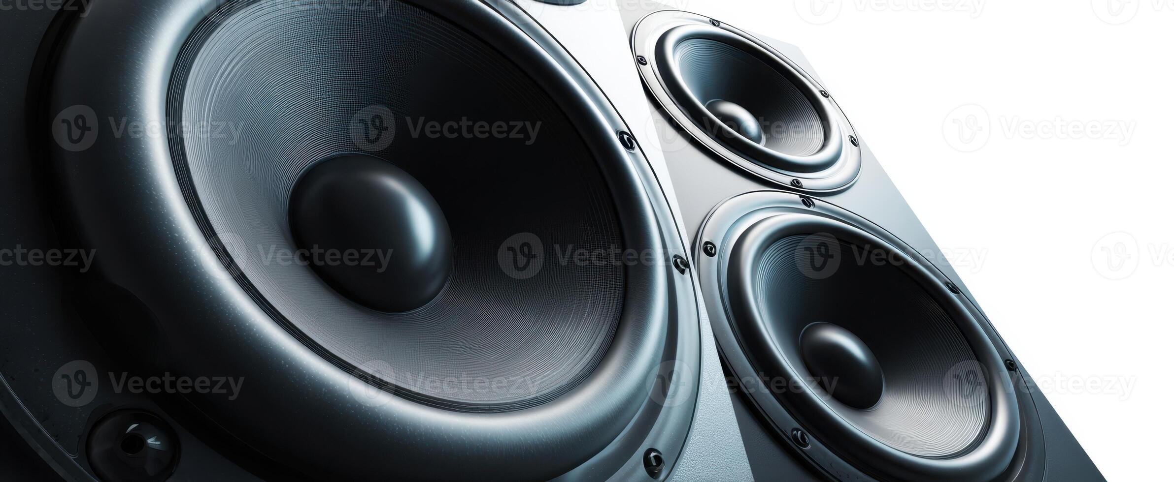 The close-up view of powerful black stereo speakers with bass drivers photo