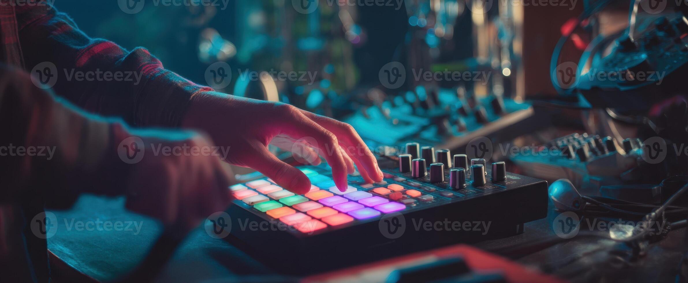 The DJ creating vibrant sounds with a colorful music production controller. photo