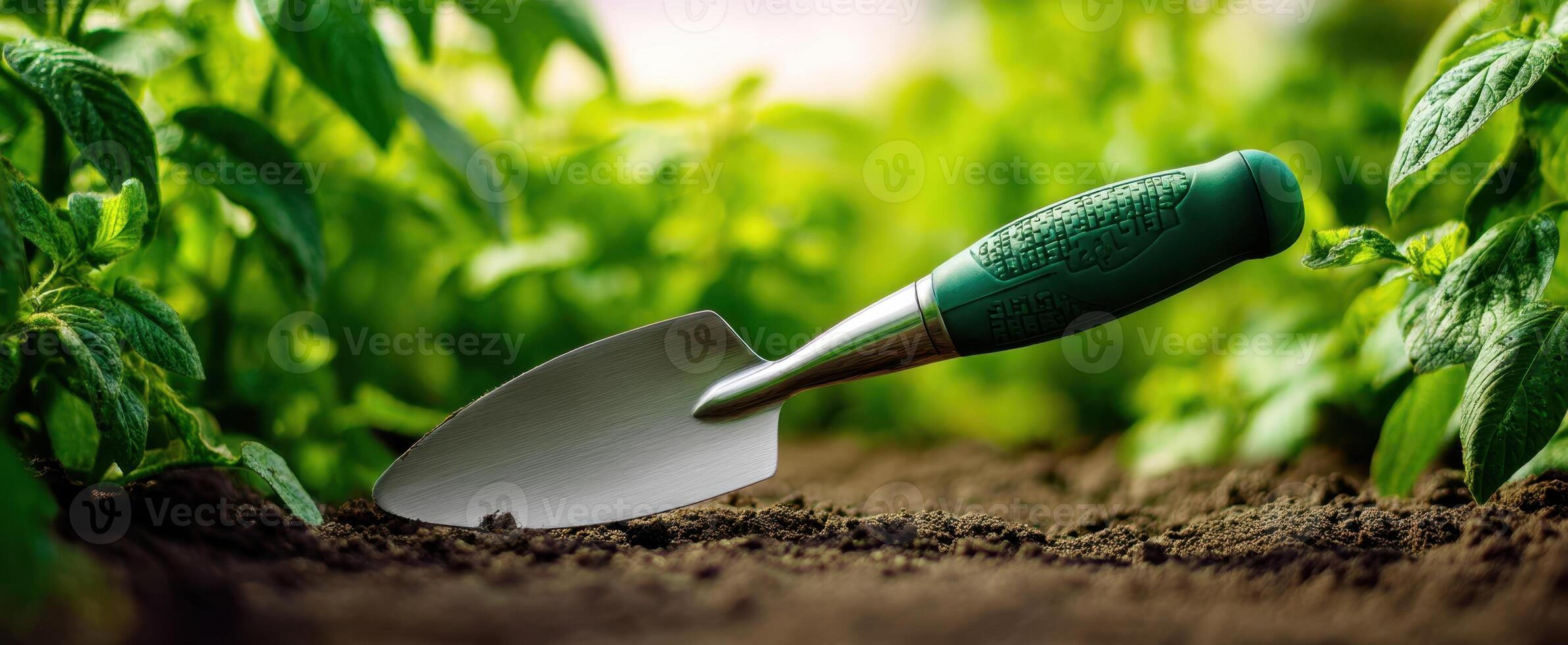 The gardening trowel resting in rich, dark soil among vibrant green plants. photo