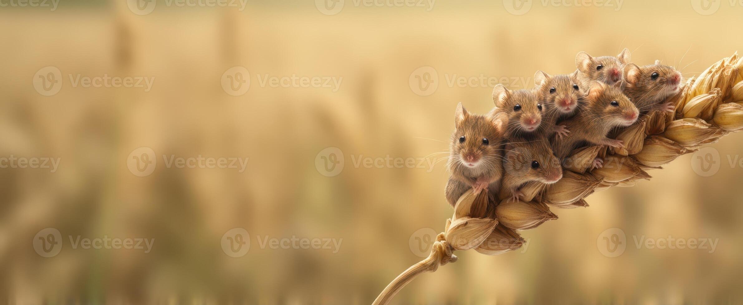 The adorable group of mice perched on a stalk of wheat. photo
