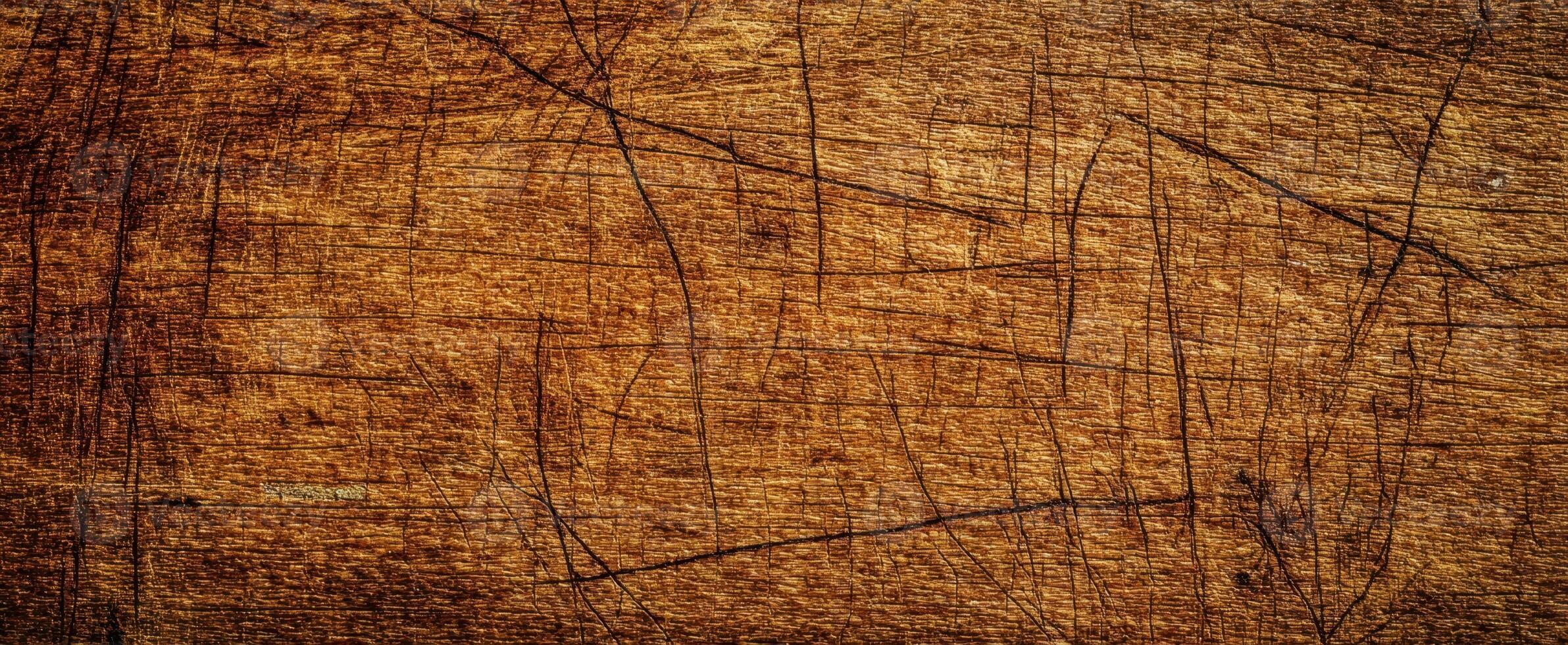 The textured wooden surface with scratches and intricate patterns. photo