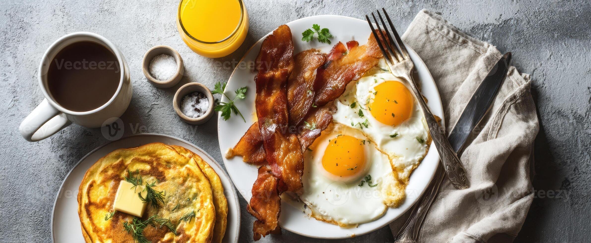The sumptuous breakfast spread featuring eggs, bacon, and fresh orange juice. photo