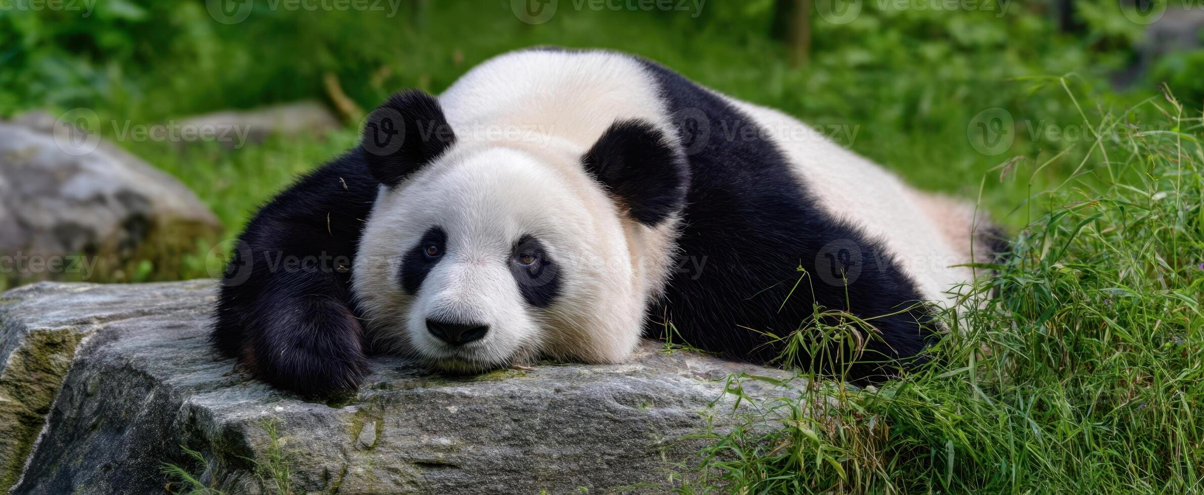 The adorable panda resting peacefully on a rock surrounded by greenery. photo